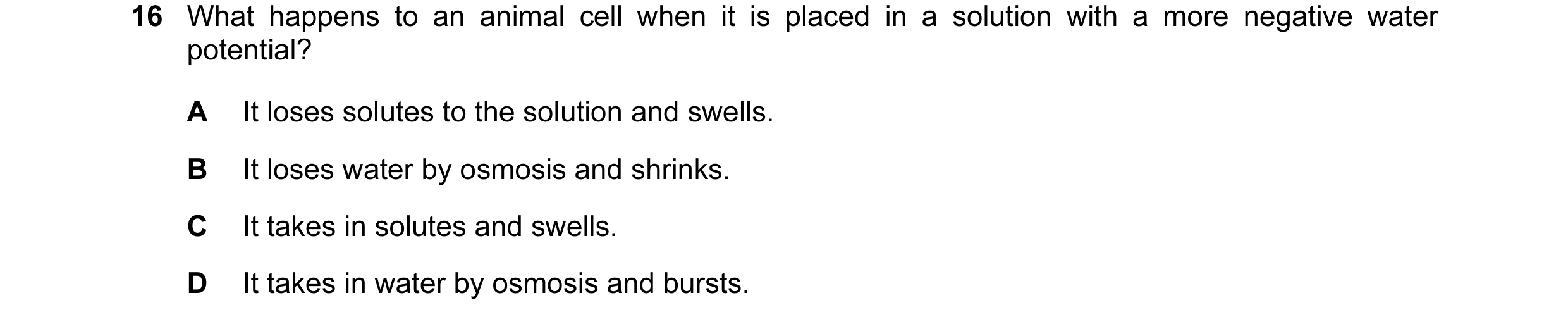 Question 72: What happens to an animal cell when it is placed in a solution with a more negative water potential? A It loses solutes to the solution and…