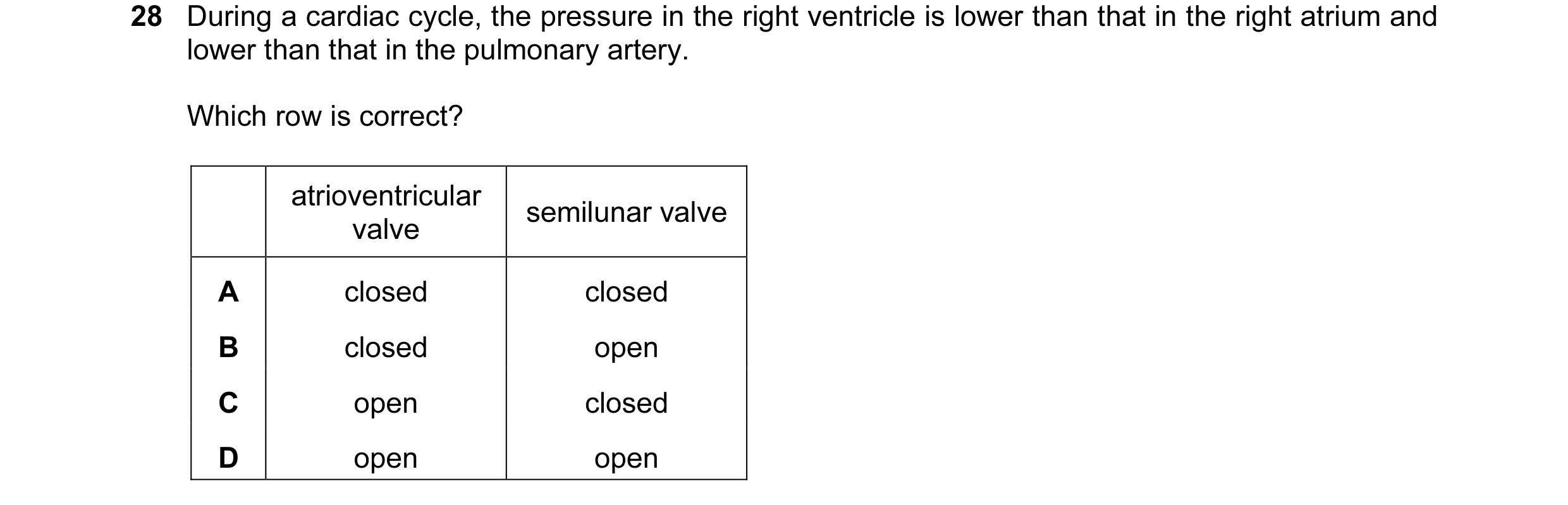 Question 39: During a cardiac cycle, the pressure in the right ventricle is lower than that in the right atrium and lower than that in the pulmonary art…