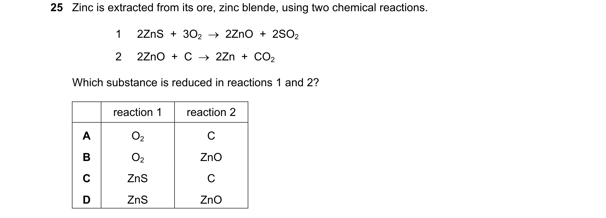 Question 7: Zinc is extracted from its ore, zinc blende, using two chemical reactions. 1 2ZnS  +  3O2  →  2ZnO  +  2SO2 2 2ZnO  +  C  →  2Zn  +  CO2 Wh…