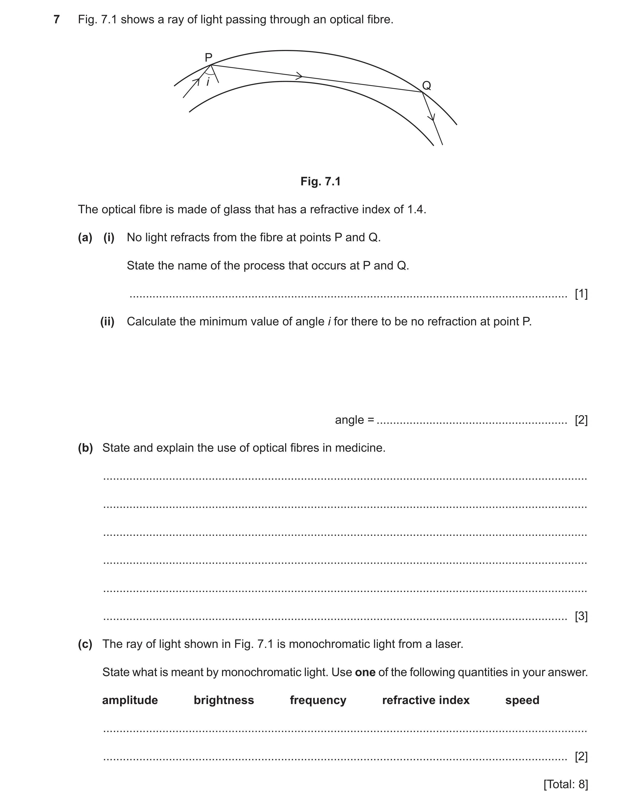 Question 26: Fig. 7.1 shows a ray of light passing through an optical fibre. P i Q Fig. 7.1 The optical fibre is made of glass that has a refractive ind…