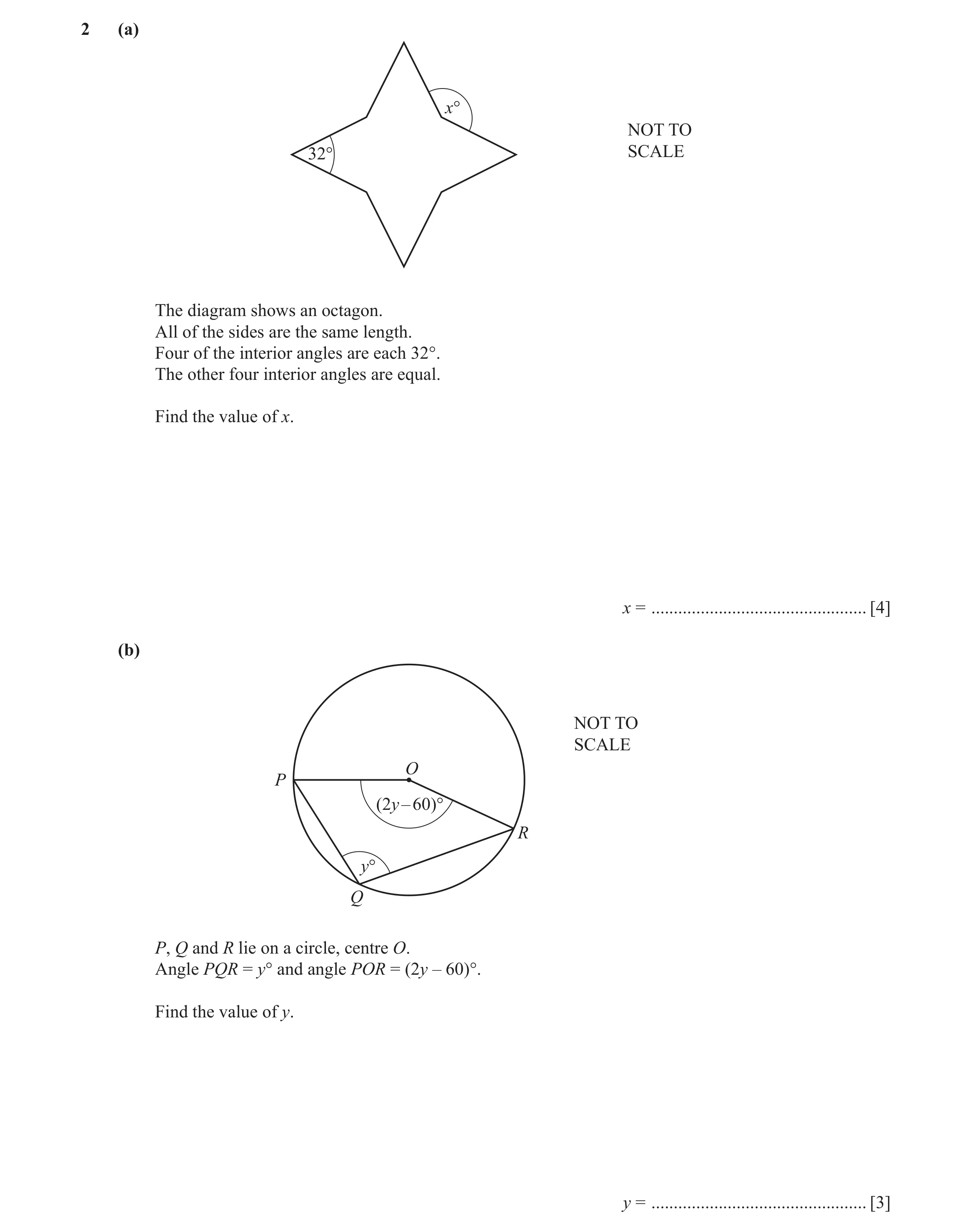 Question 14: (a) x° NOT TO 32° SCALE The diagram shows an octagon. All of the sides are the same length. Four of the interior angles are each 32°. The o…