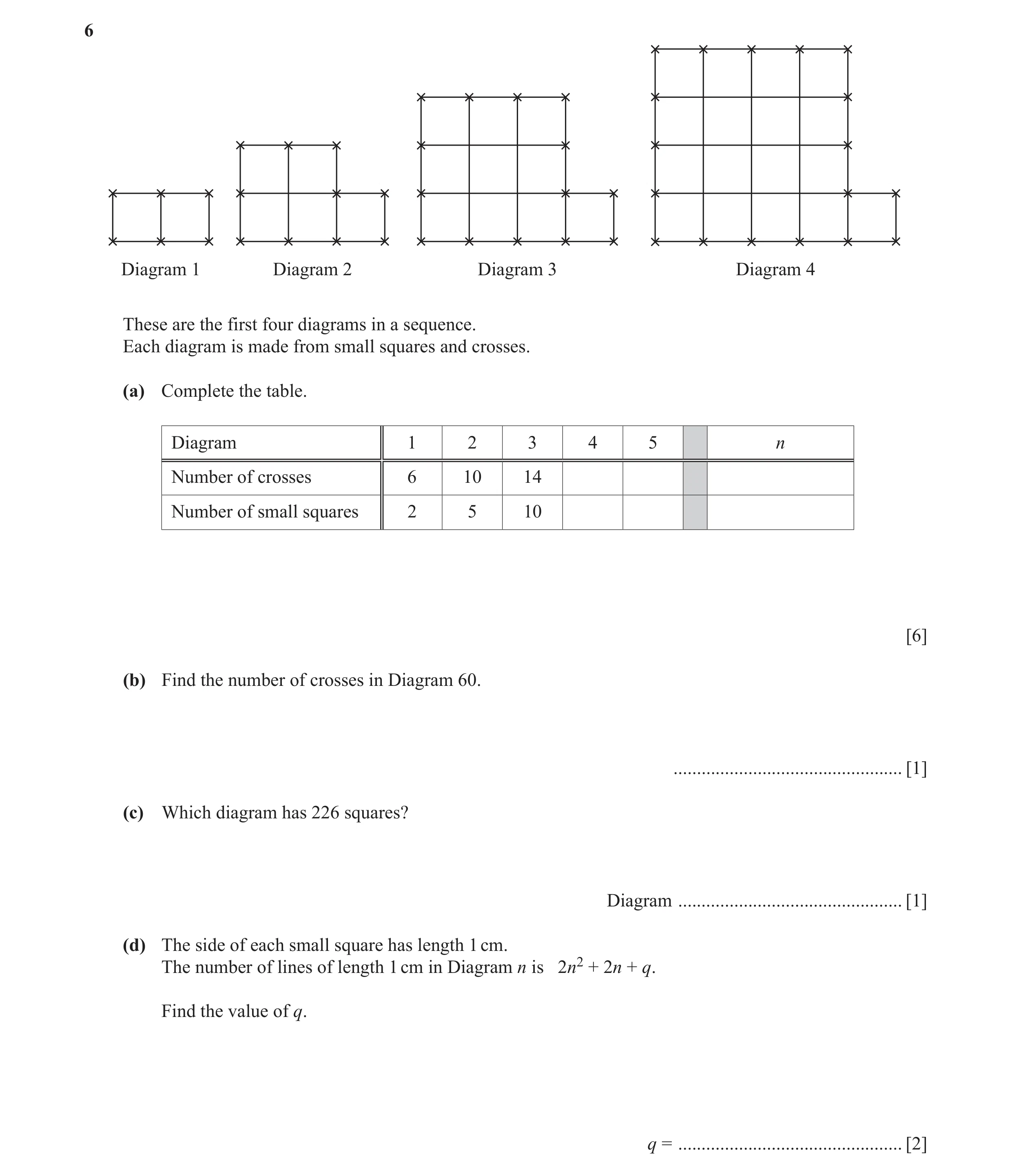 Question 4: Diagram 1 Diagram 2 Diagram 3 Diagram 4 These are the first four diagrams in a sequence. Each diagram is made from small squares and crosse…