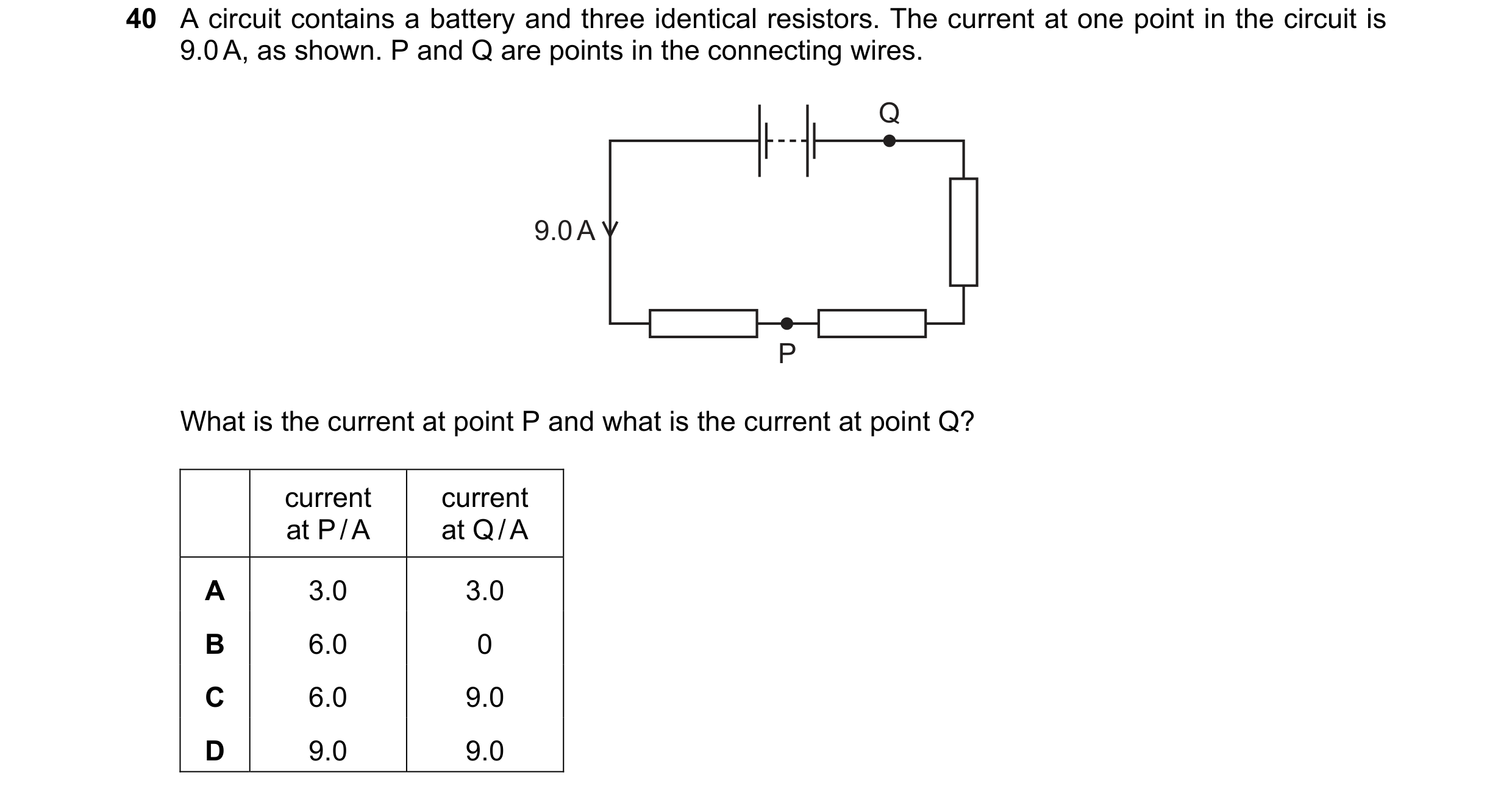 Question 100: A circuit contains a battery and three identical resistors. The current at one point in the circuit is 9.0 A, as shown. P and Q are points …