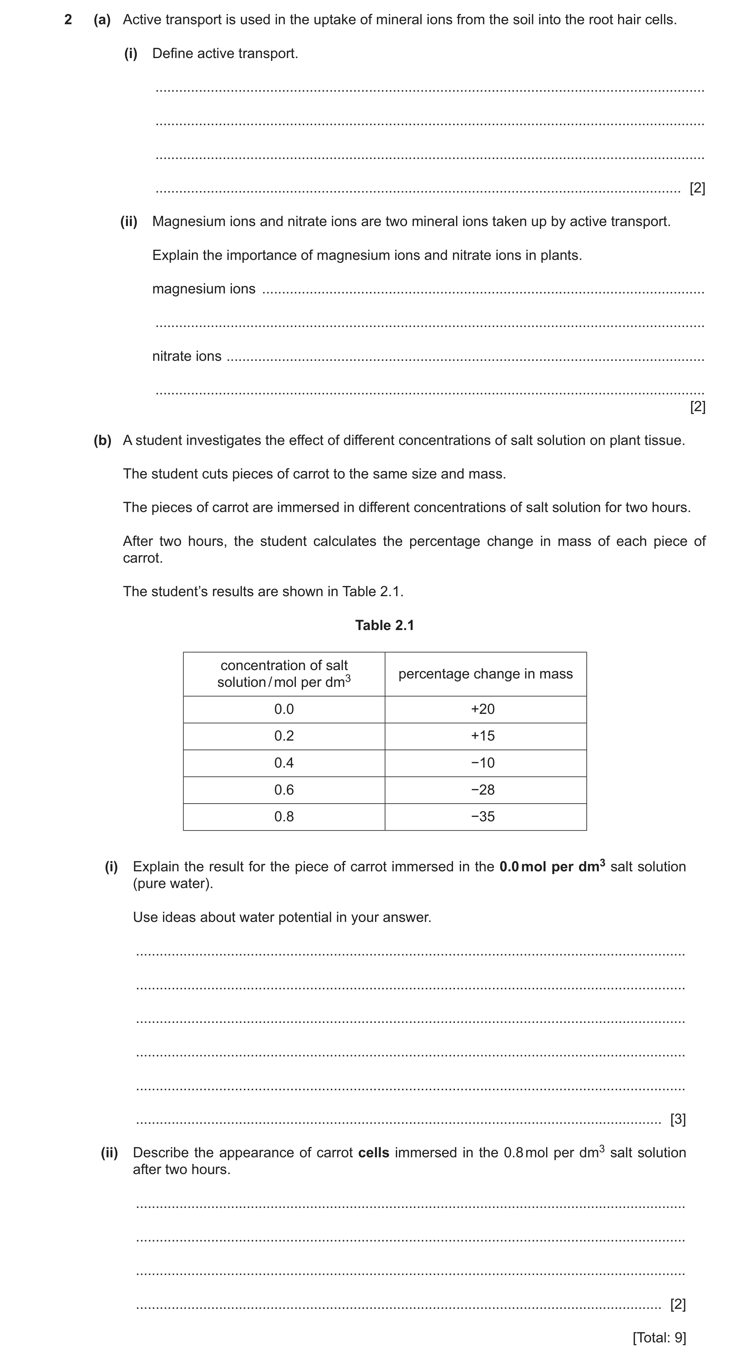 Question 13: (a) Active transport is used in the uptake of mineral ions from the soil into the root hair cells. (i) Define active transport. ...........…