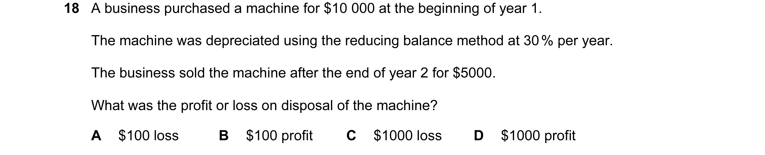 Question 52: A business purchased a machine for $10 000 at the beginning of year 1. The machine was depreciated using the reducing balance method at 30 …