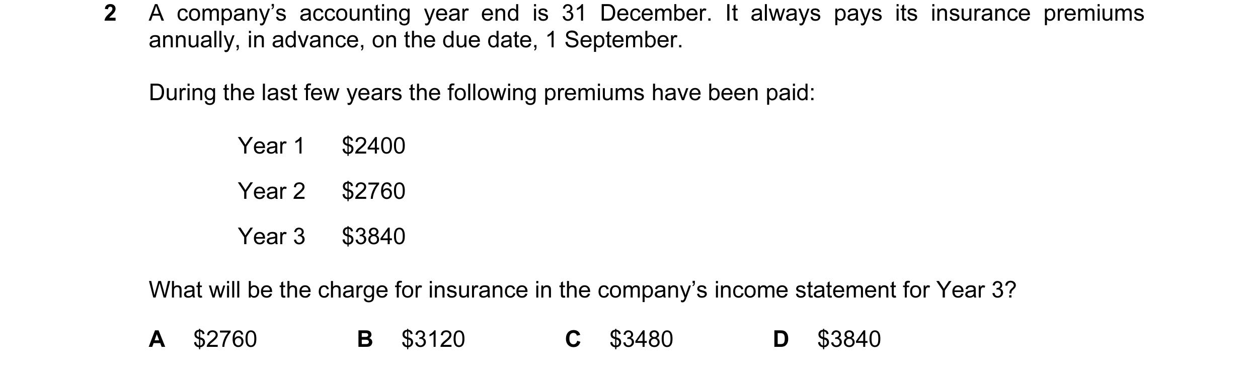 Question 83: A company’s accounting year end is 31 December. It always pays its insurance premiums annually, in advance, on the due date, 1 September. D…