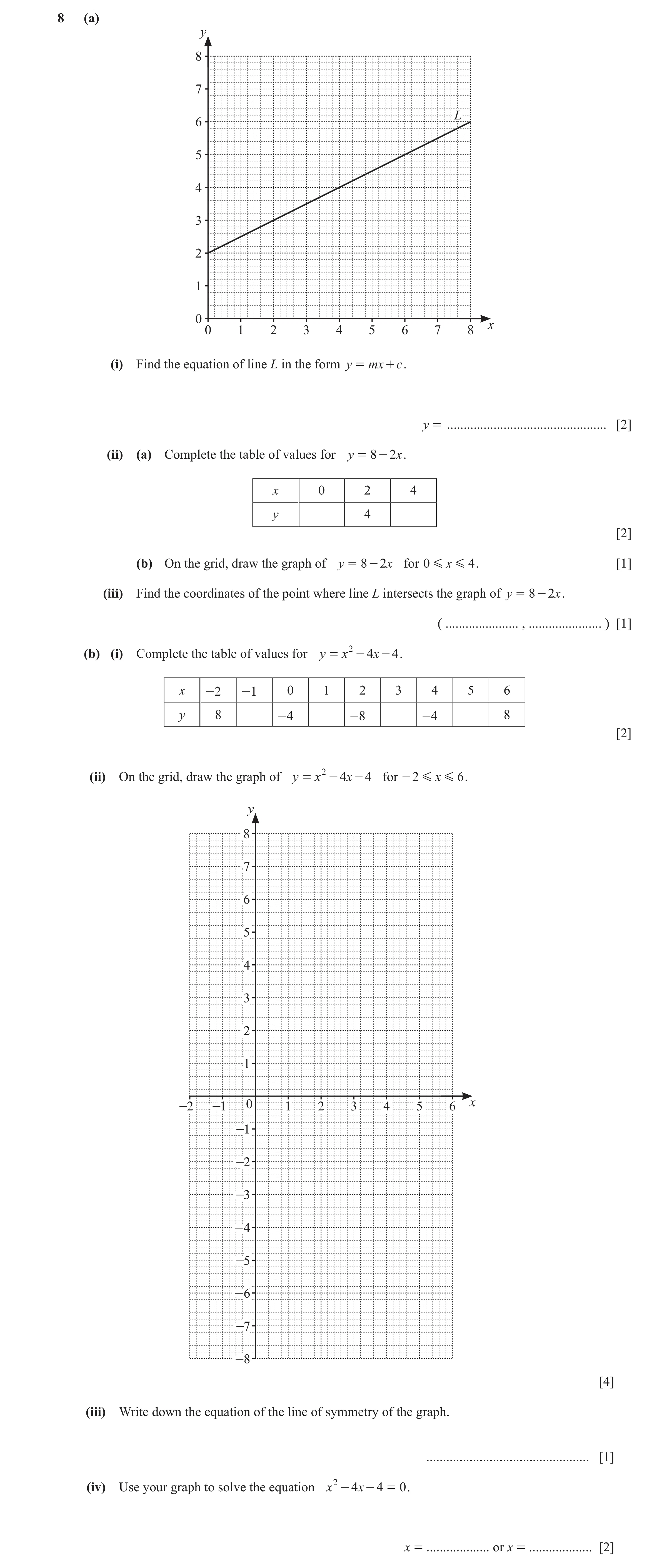 Question 42: (a) y 8 7 L 6 5 4 3 2 1 0 x 0 1 2 3 4 5 6 7 8 (i) Find the equation of line L in the form y = mx + c . y = ................................…