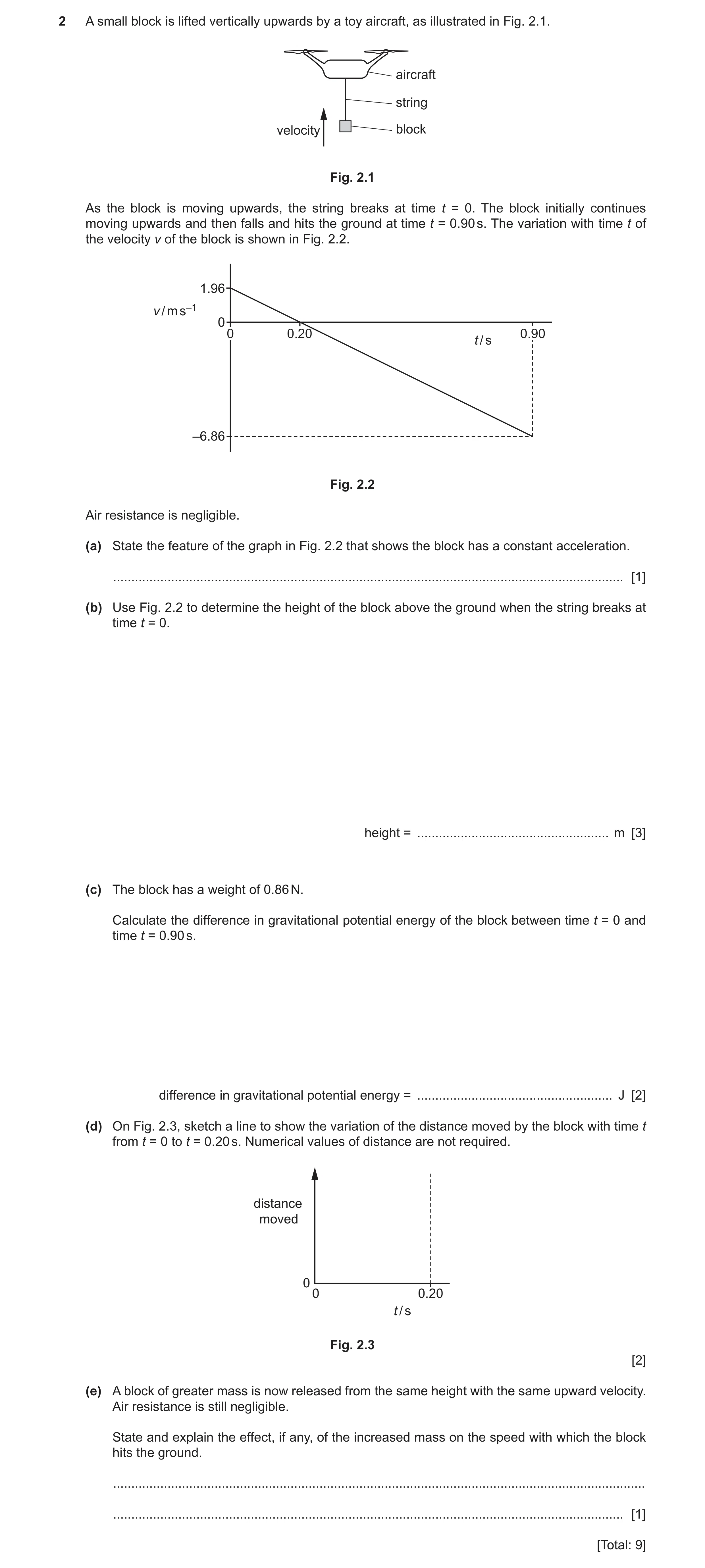 Question 26: A small block is lifted vertically upwards by a toy aircraft, as illustrated in Fig. 2.1. aircraft string velocity block Fig. 2.1 As the bl…