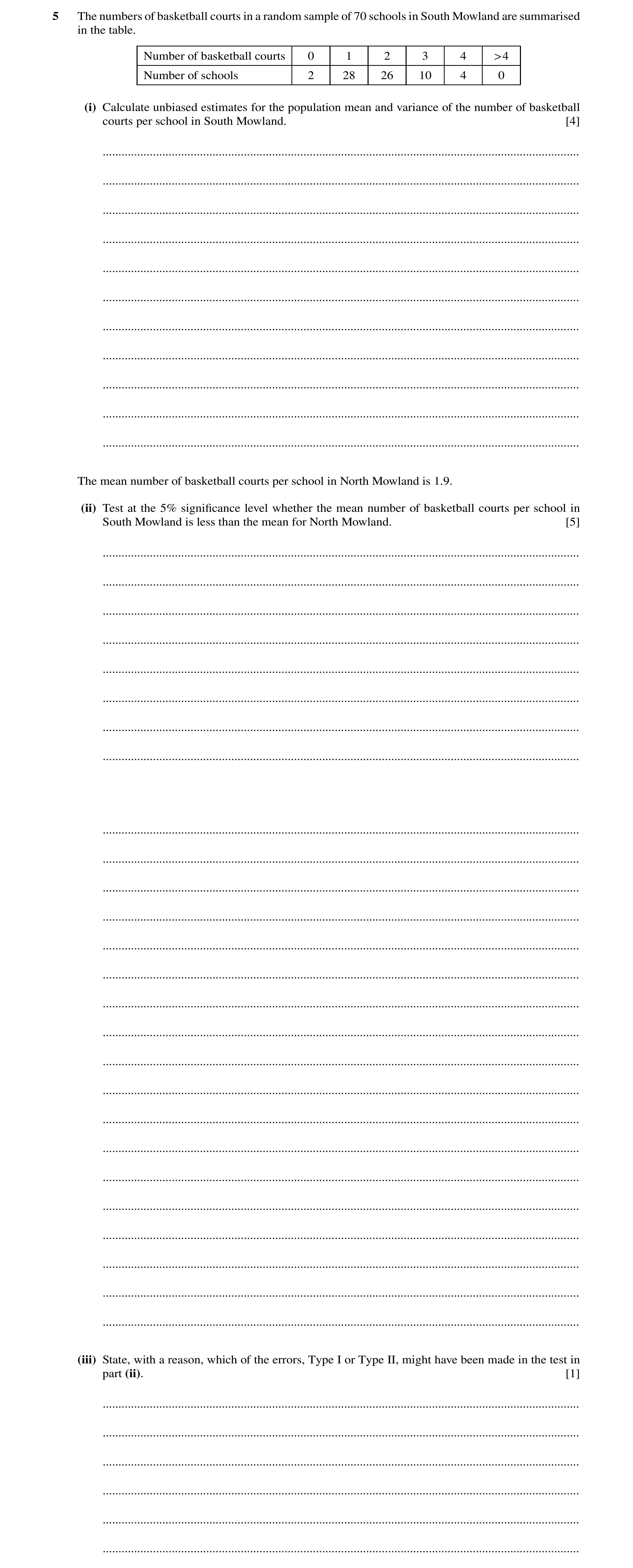 Question 24: The numbers of basketball courts in a random sample of 70 schools in South Mowland are summarised in the table. Number of basketball courts…