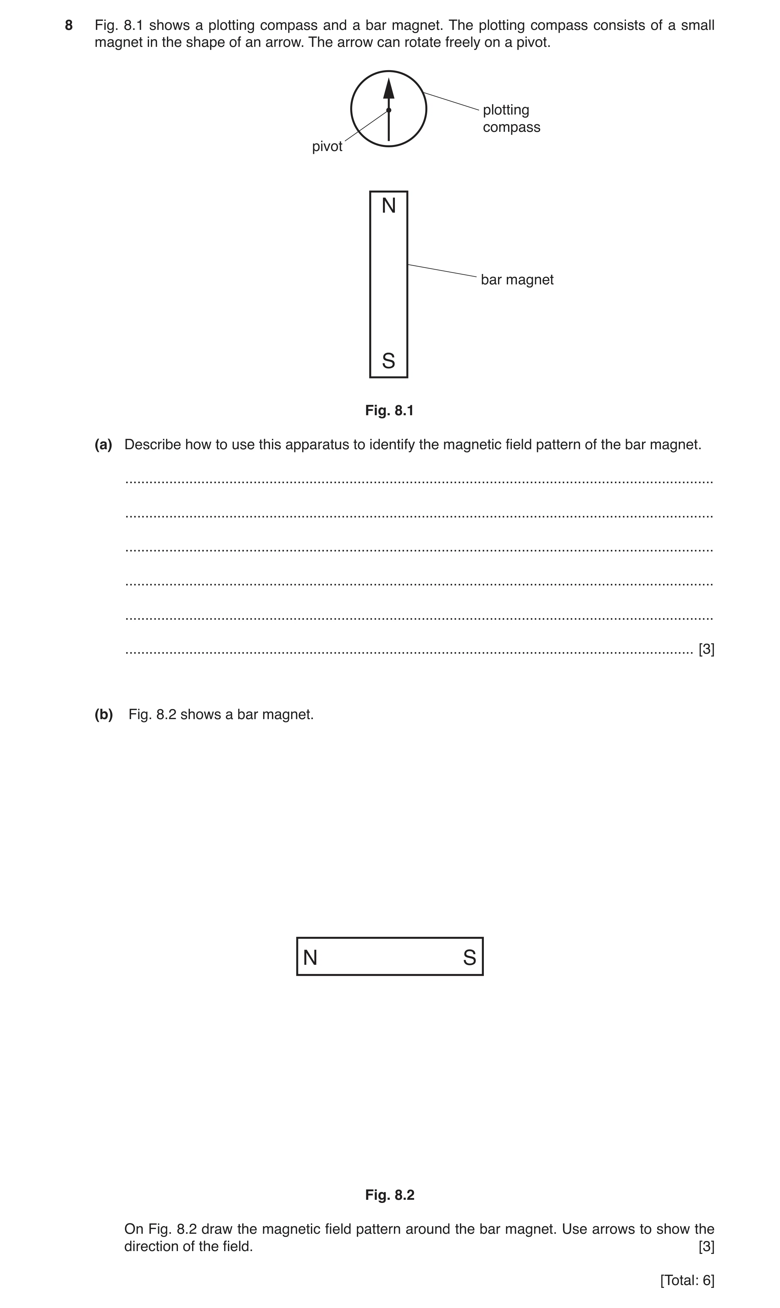 Question 5: Fig. 8.1 shows a plotting compass and a bar magnet. The plotting compass consists of a small magnet in the shape of an arrow. The arrow can…