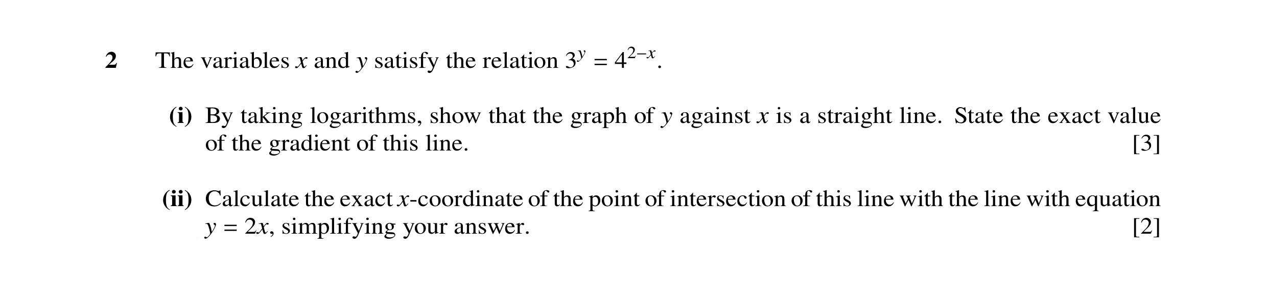 Question 29: The variables x and y satisfy the relation 3y = 42−x. (i) By taking logarithms, show that the graph of y against x is a straight line. Stat…