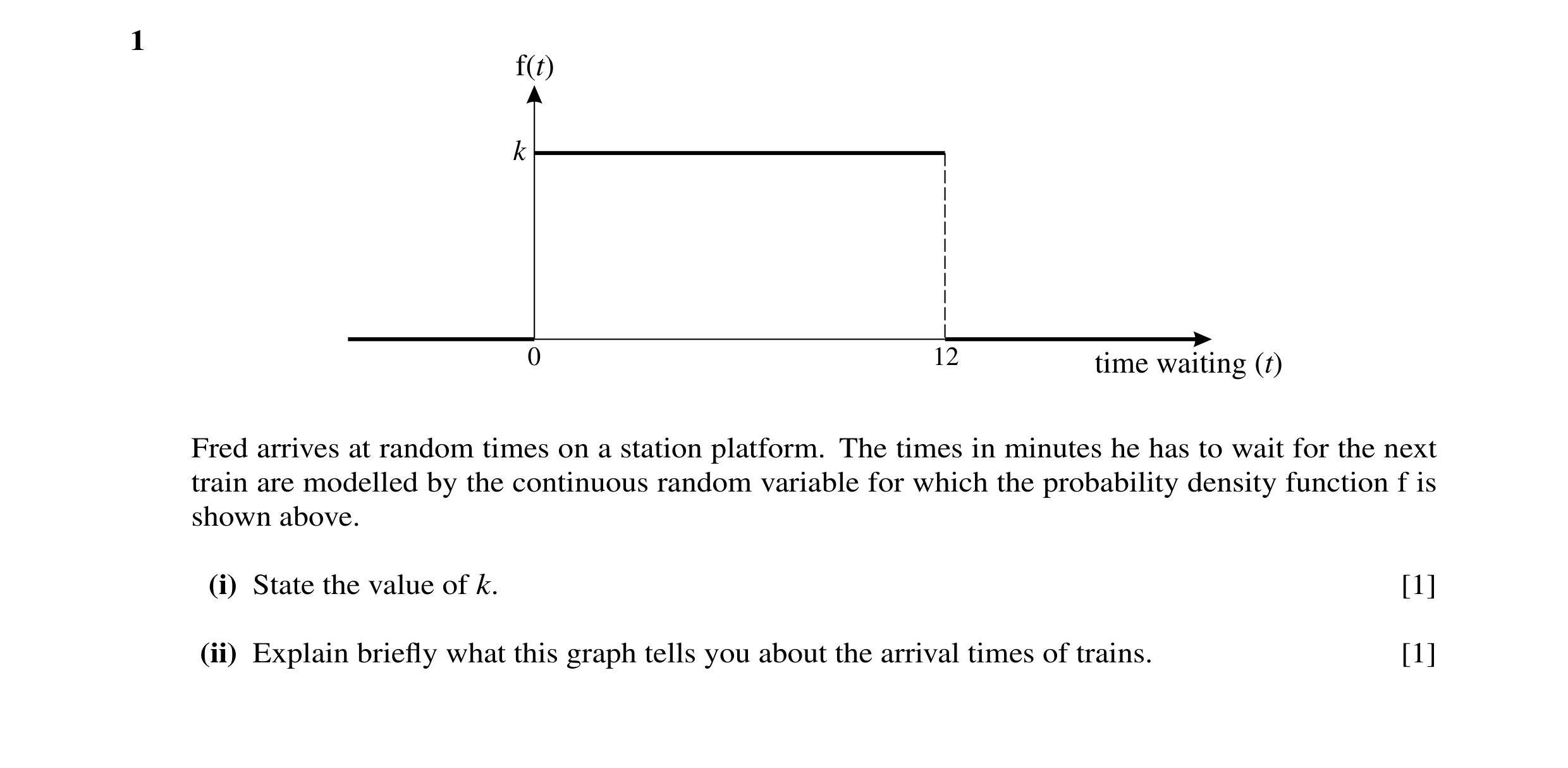 Question 5: f()t k 0 12 time waiting ()t Fred arrives at random times on a station platform. The times in minutes he has to wait for the next train are…