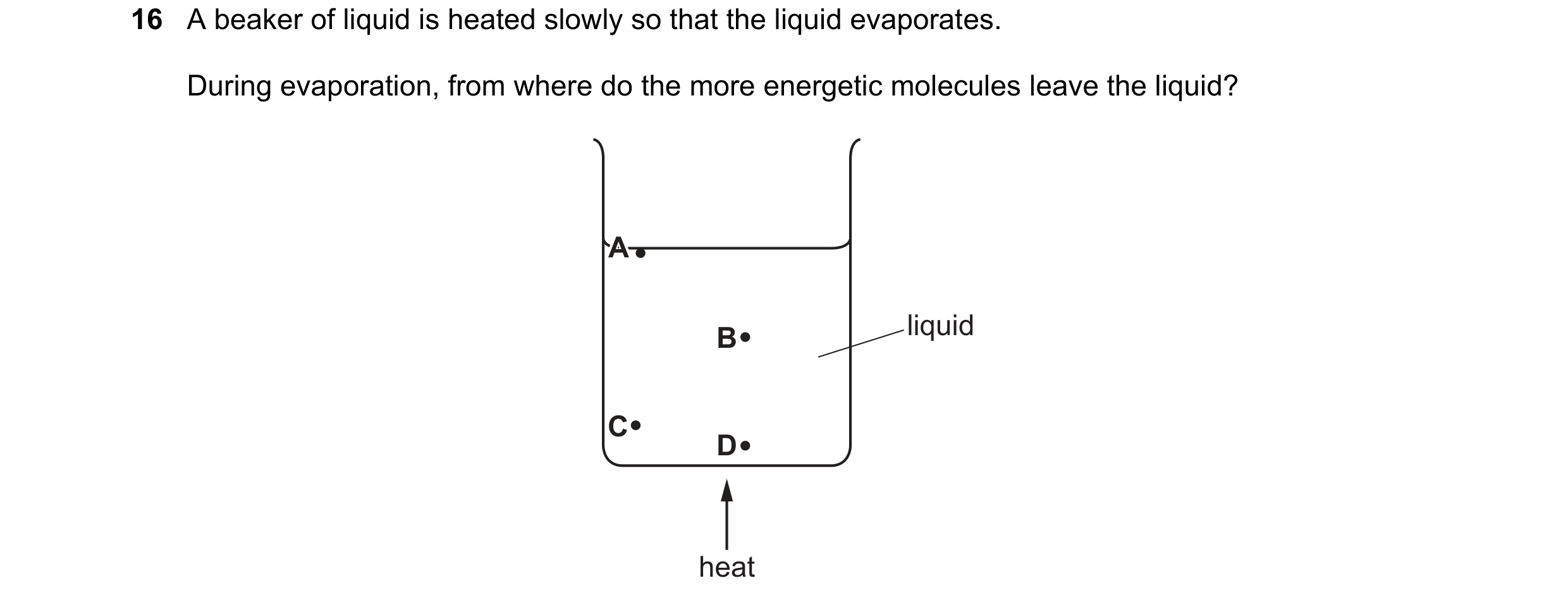 Question 208: A beaker of liquid is heated slowly so that the liquid evaporates. During evaporation, from where do the more energetic molecules leave the…