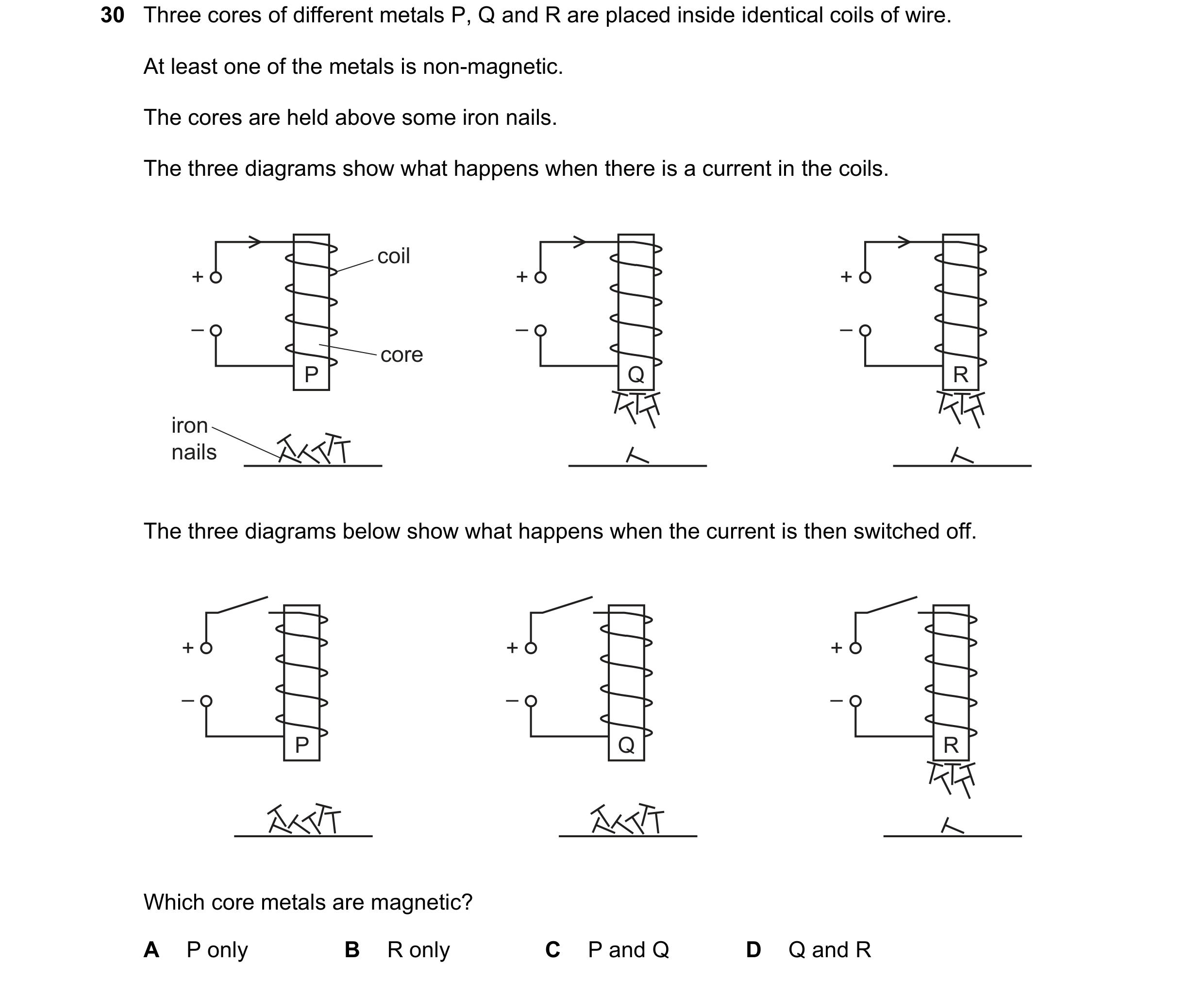 Question 169: Three cores of different metals P, Q and R are placed inside identical coils of wire. At least one of the metals is non-magnetic. The cores…
