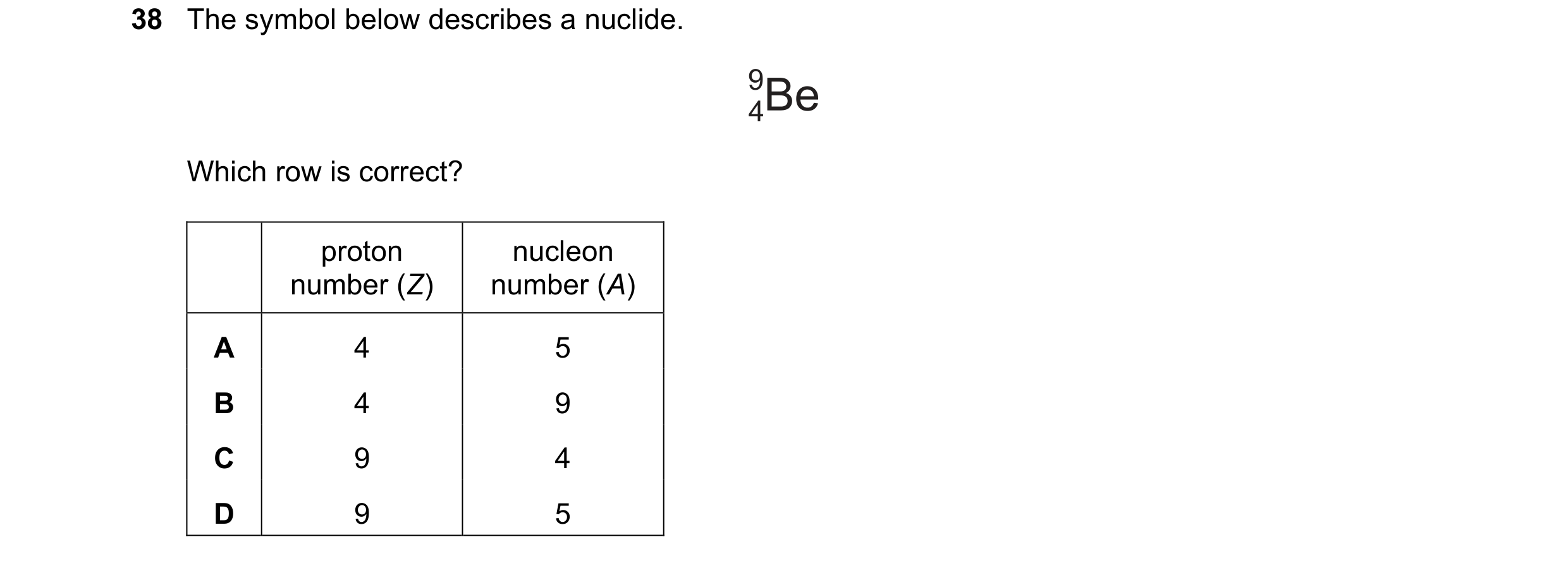 Question 155: The symbol below describes a nuclide. Which row is correct? proton nucleon number (Z) number (A) A 4 5 B 4 9 C 9 4 D 9 5