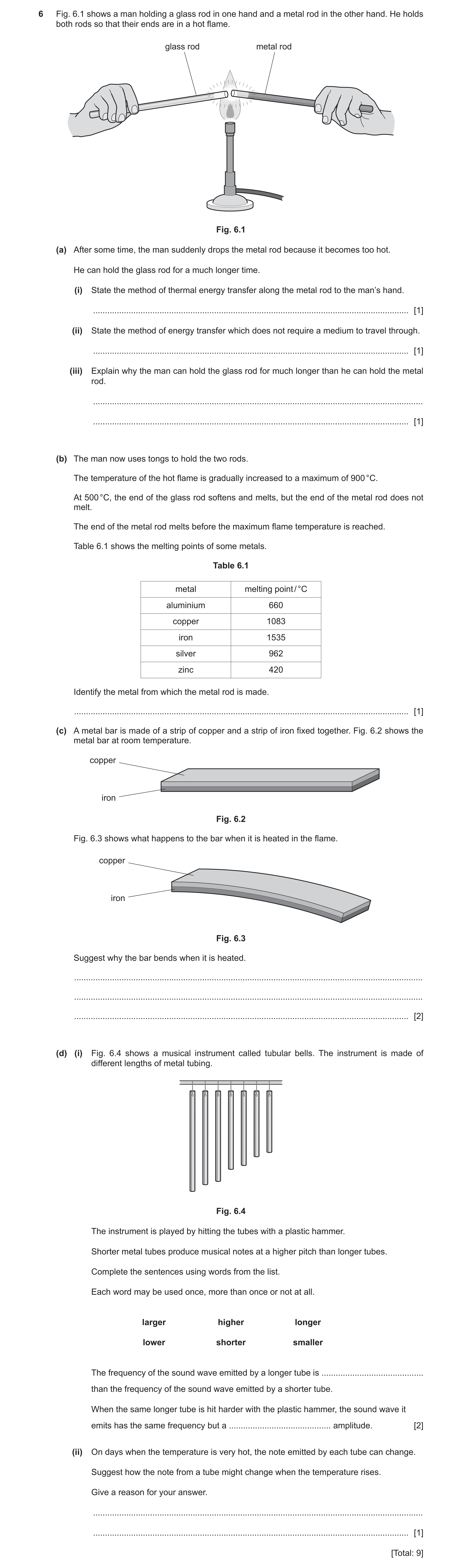 Question 16: Fig. 6.1 shows a man holding a glass rod in one hand and a metal rod in the other hand. He holds both rods so that their ends are in a hot …