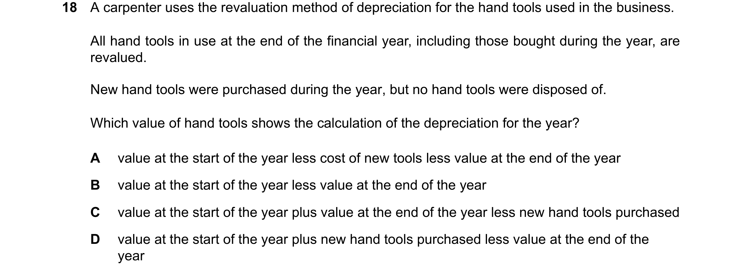 Question 80: A carpenter uses the revaluation method of depreciation for the hand tools used in the business. All hand tools in use at the end of the fi…