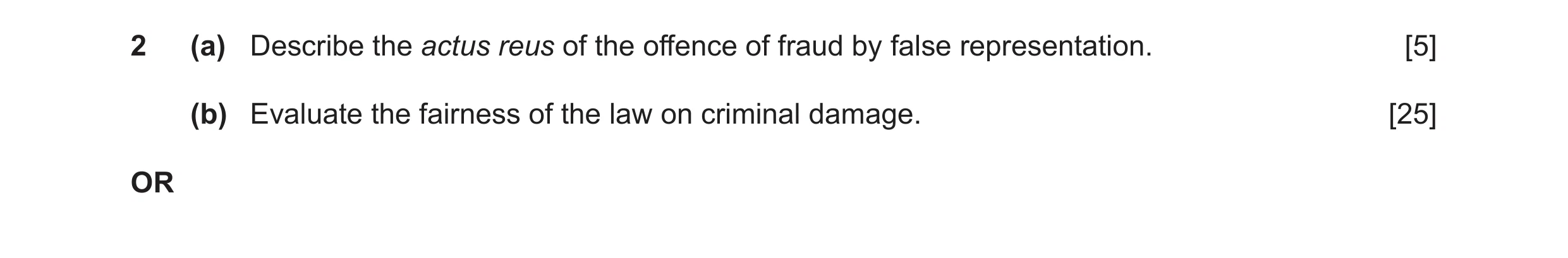 Question 47: (a) Describe the actus reus of the offence of fraud by false representation. [5] (b) Evaluate the fairness of the law on criminal damage. […