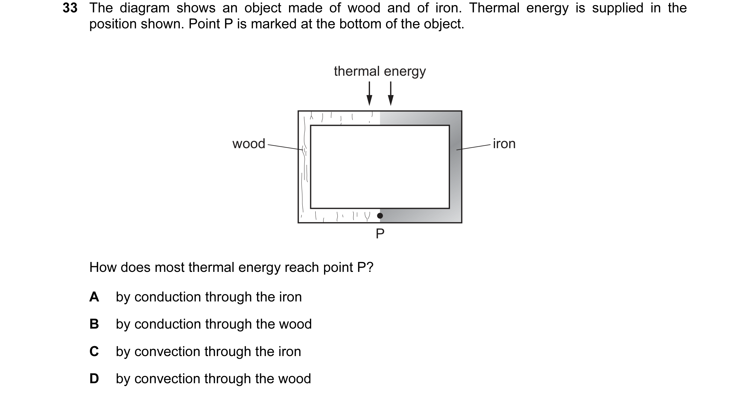 Question 37: The diagram shows an object made of wood and of iron. Thermal energy is supplied in the position shown. Point P is marked at the bottom of …