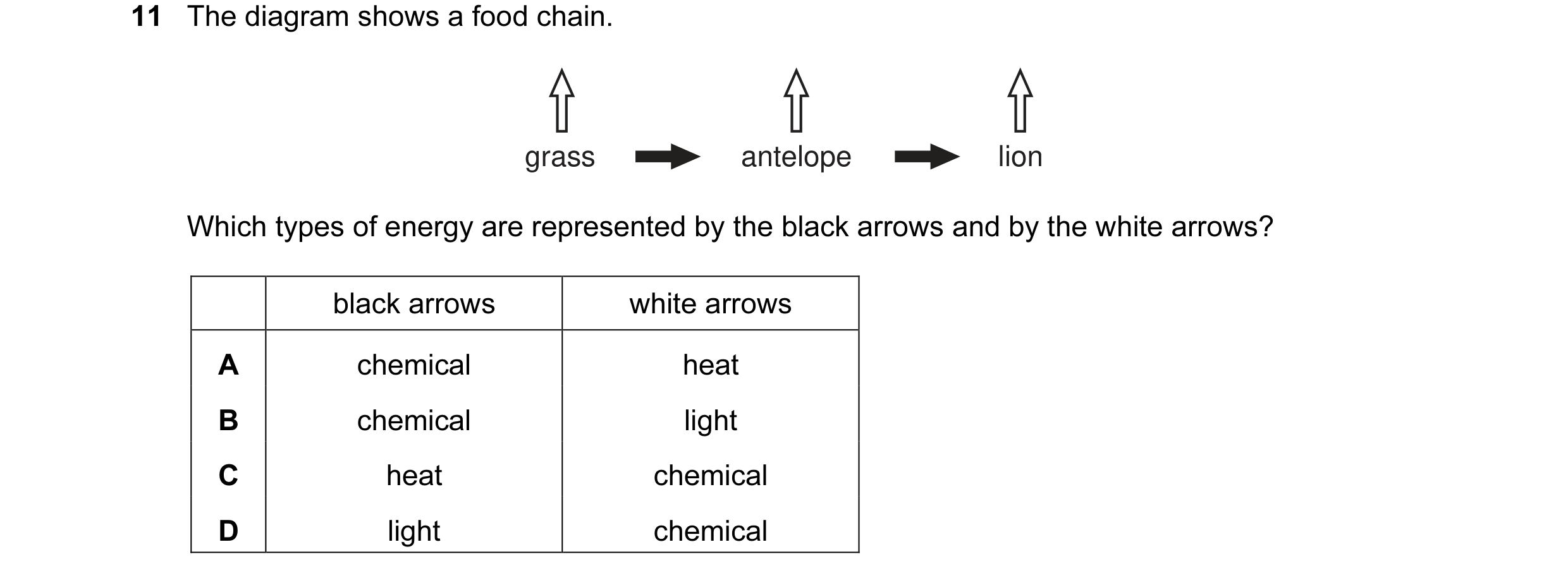 Question 6: The diagram shows a food chain. grass antelope lion Which types of energy are represented by the black arrows and by the white arrows? blac…