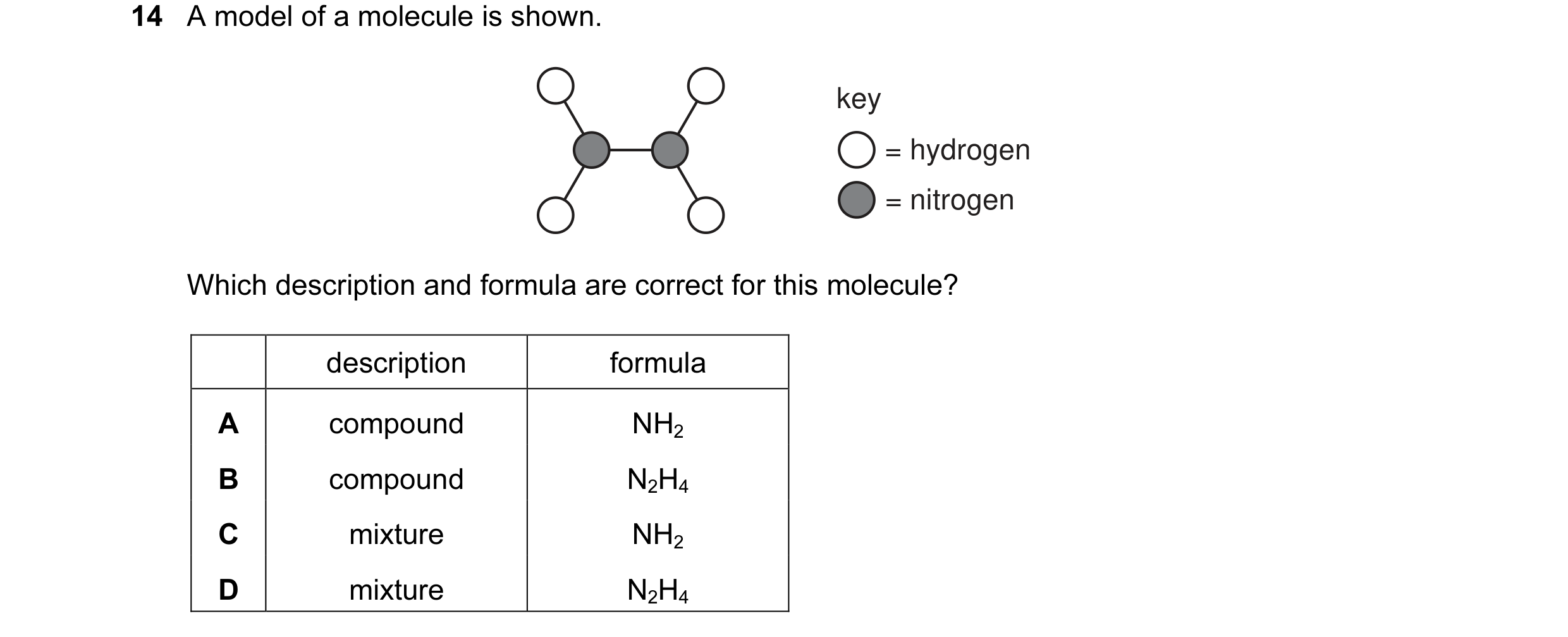 Question 15: A model of a molecule is shown. key = hydrogen = nitrogen Which description and formula are correct for this molecule? description formula …