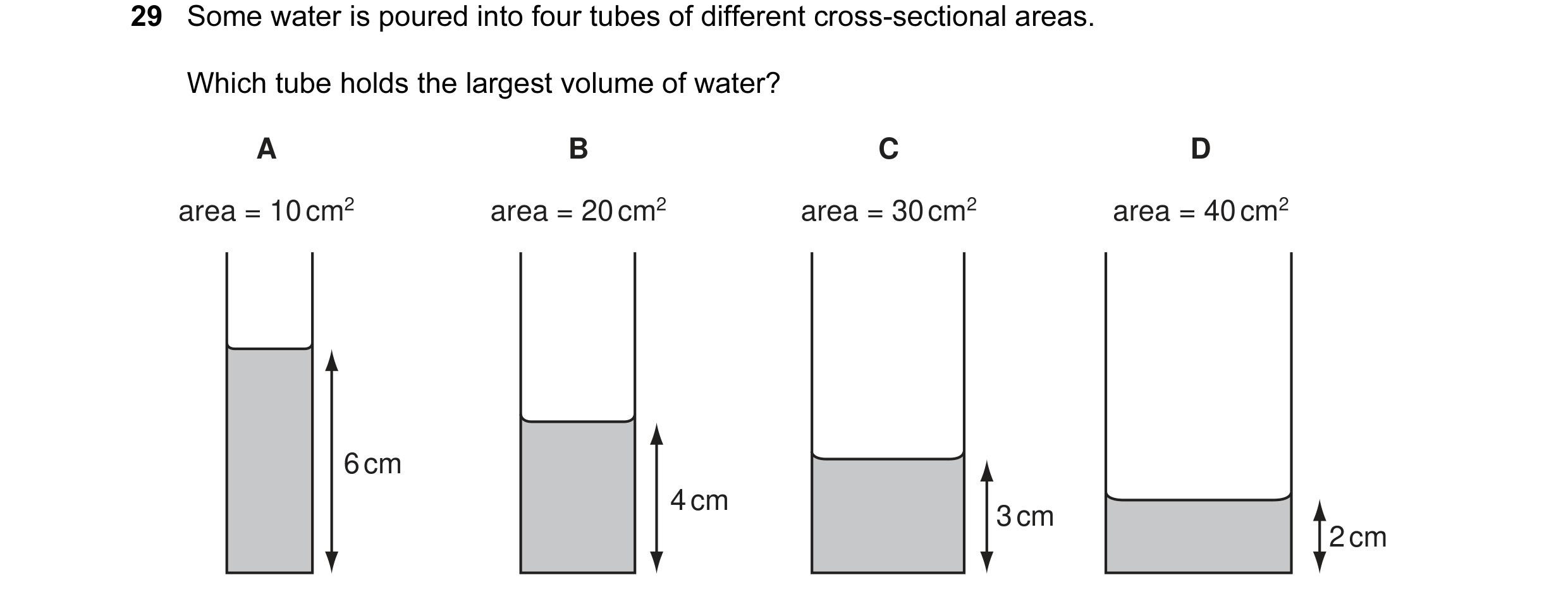 Question 1: Some water is poured into four tubes of different cross-sectional areas. Which tube holds the largest volume of water? A B C D area = 10 cm…