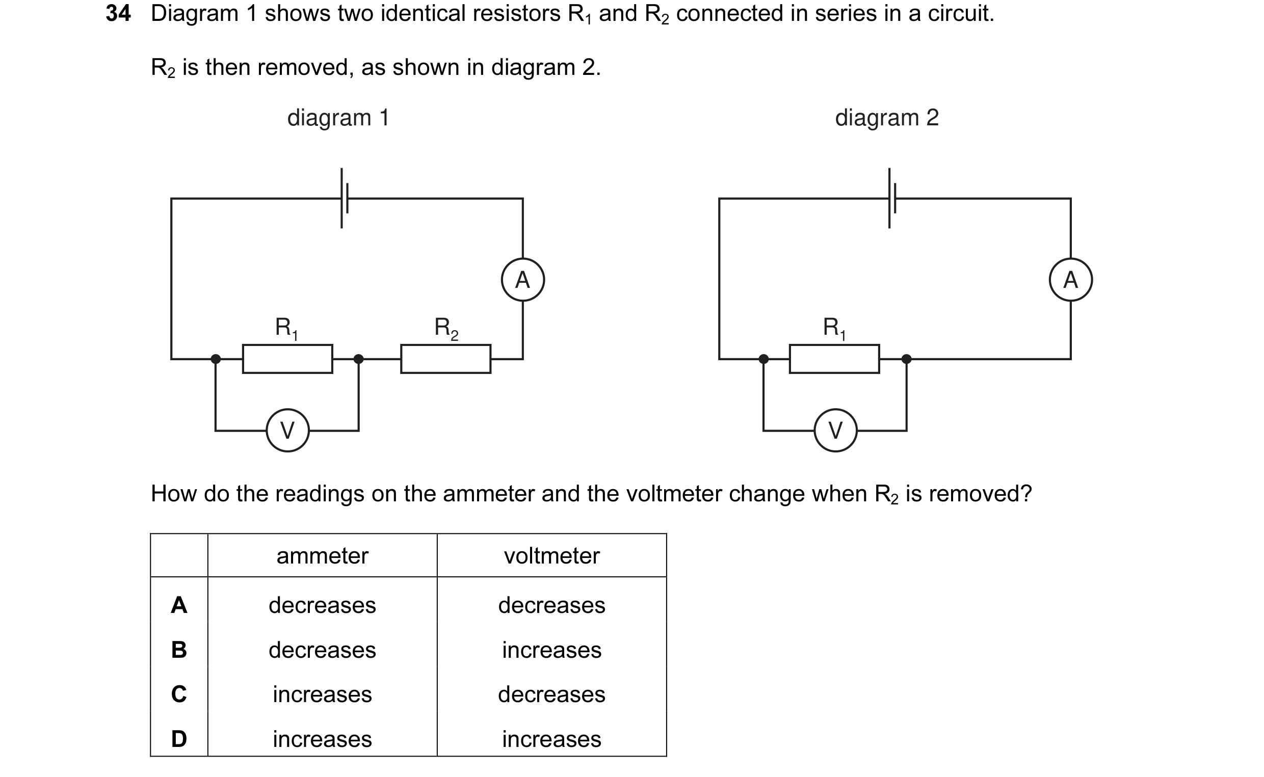 Question 40: Diagram 1 shows two identical resistors R1 and R2 connected in series in a circuit. R2 is then removed, as shown in diagram 2. diagram 1 di…