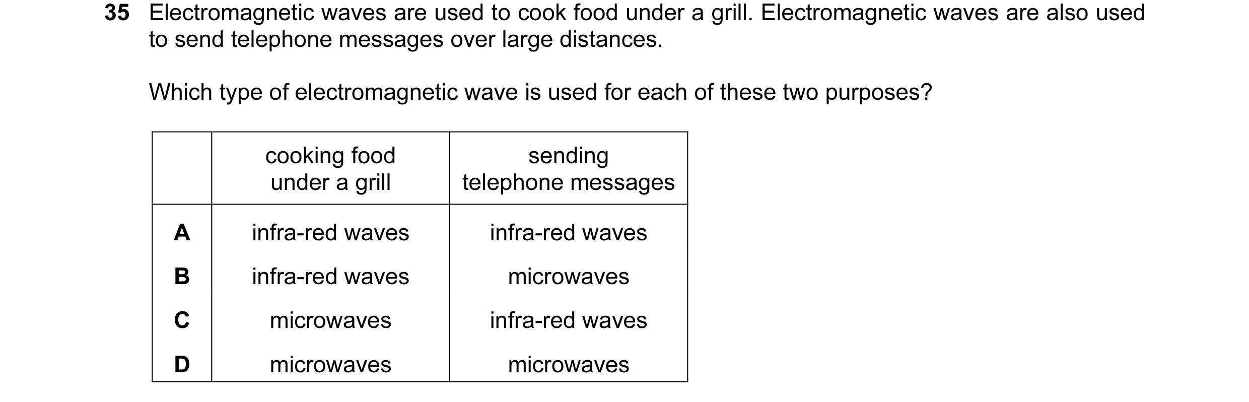 Question 20: Electromagnetic waves are used to cook food under a grill. Electromagnetic waves are also used to send telephone messages over large distan…