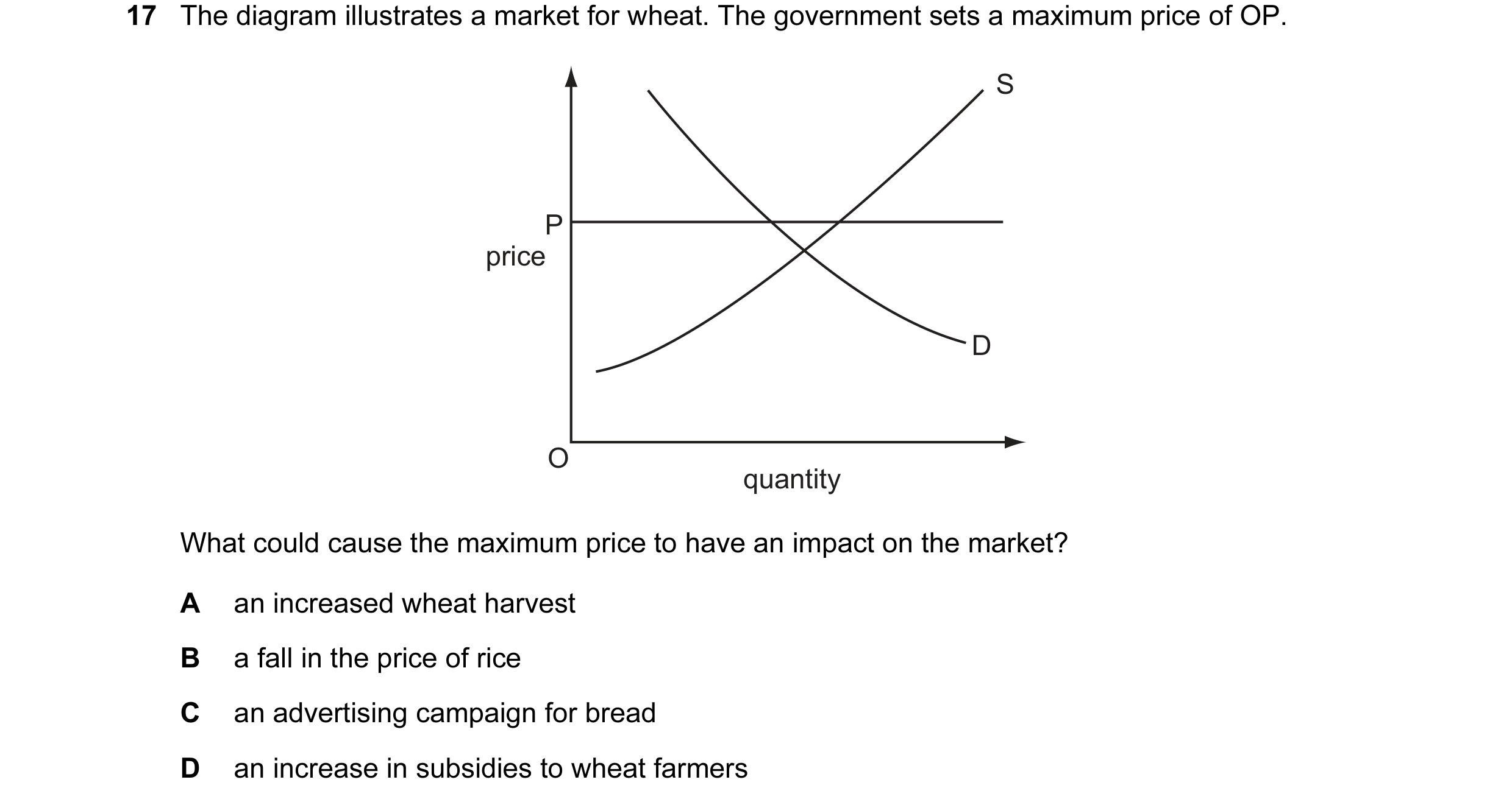 Question 4: The diagram illustrates a market for wheat. The government sets a maximum price of OP. S P price D O quantity What could cause the maximum …
