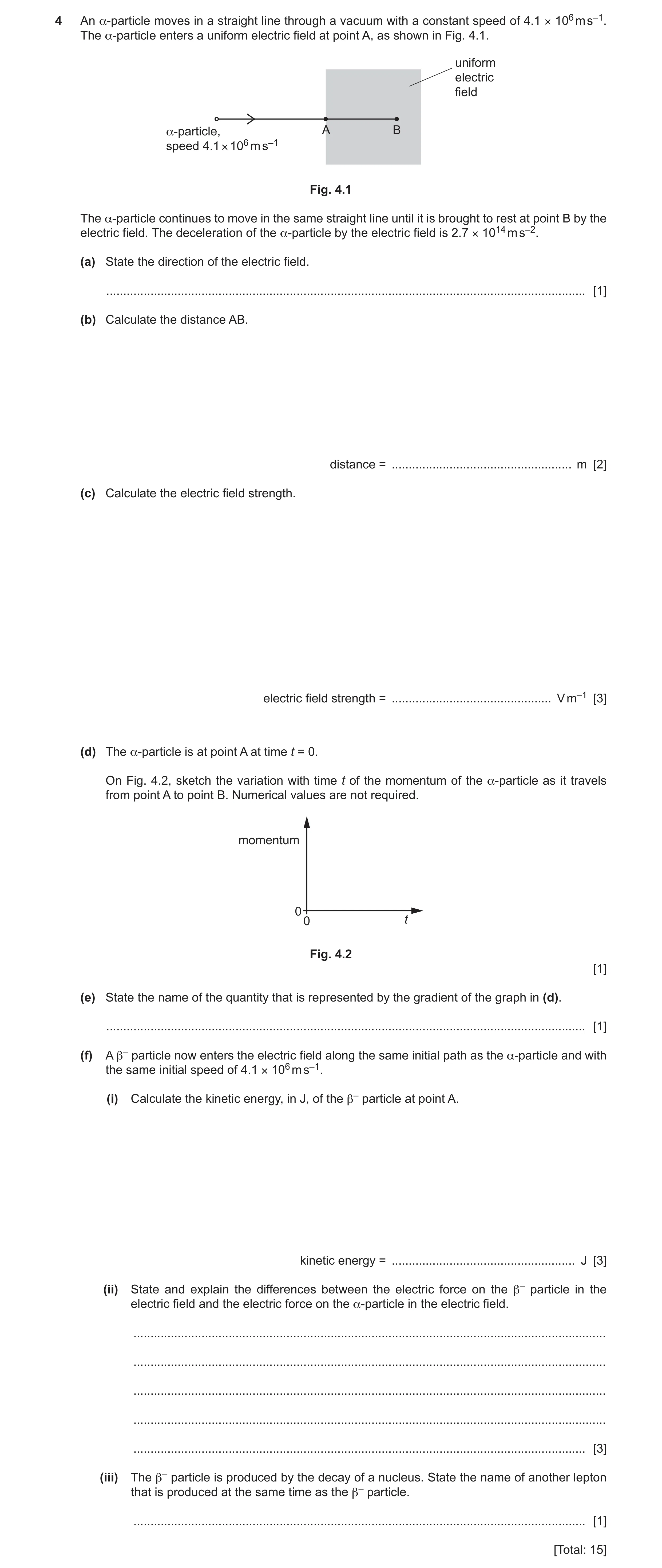 Question 28: An α-particle moves in a straight line through a vacuum with a constant speed of 4.1 × 106 m s–1. The α-particle enters a uniform electric …