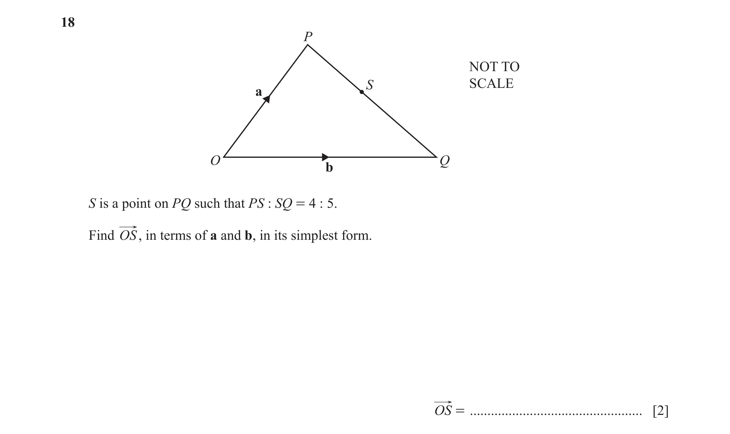 Question 58: P NOT TO S SCALE a O Q b S is a point on PQ such that PS : SQ = 4 : 5. Find OS, in terms of a and b, in its simplest form. OS = ...........…