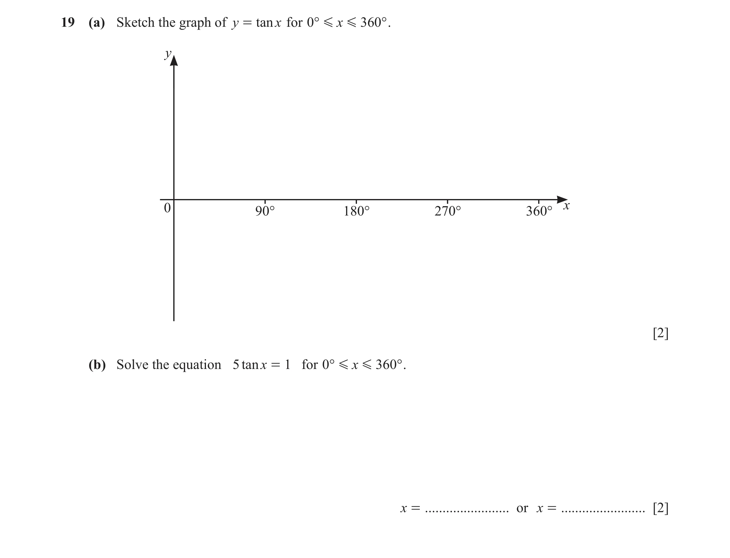 Question 14: (a) Sketch the graph of y = tan x for 0 ° G x G 360° . y 0 90° 180° 270° 360° x [2] (b) Solve the equation 5 tanx = 1 for 0° G x G 360 ° . …