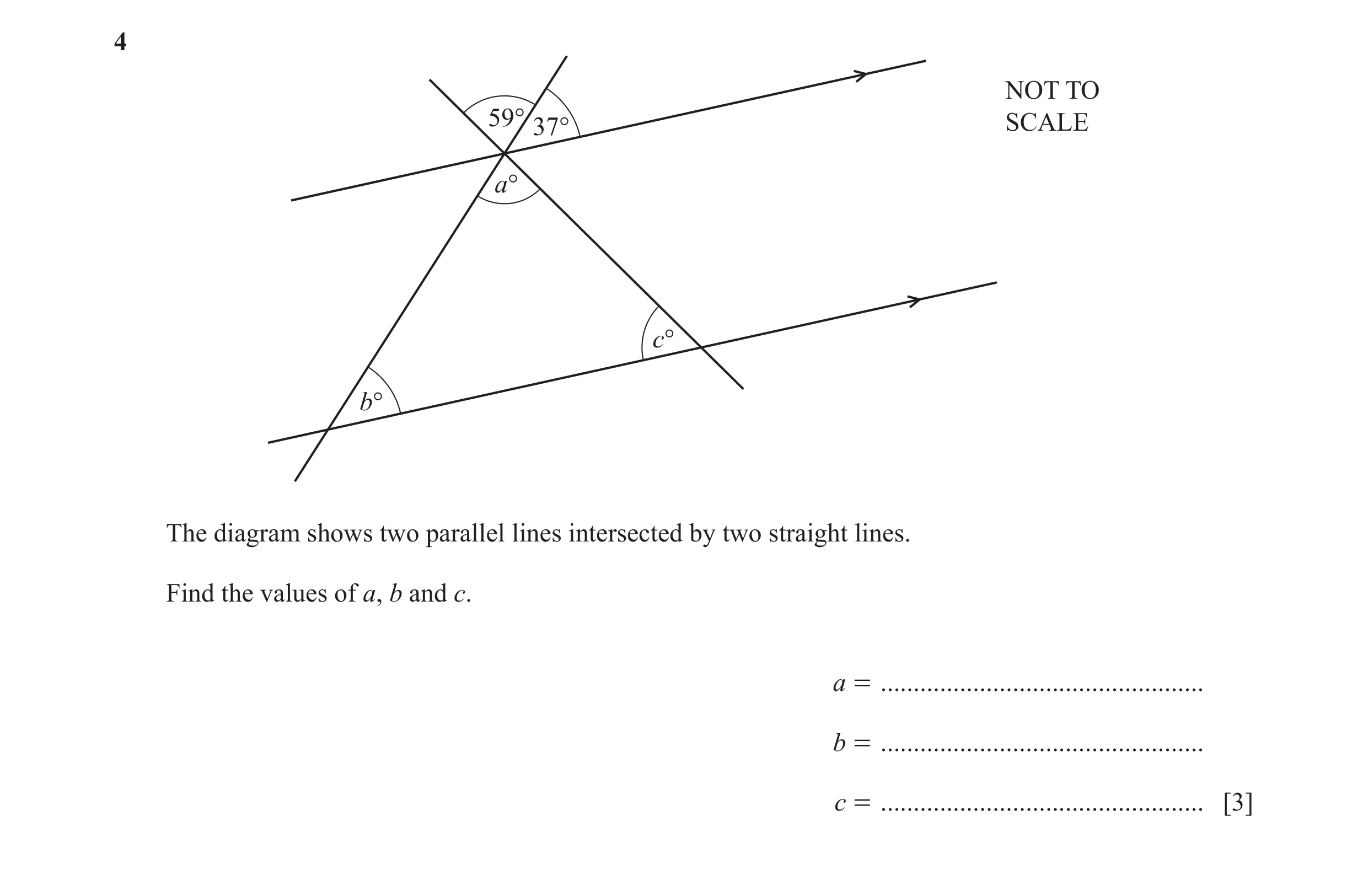Question 47: NOT TO 59° 37° SCALE a° c° b° The diagram shows two parallel lines intersected by two straight lines. Find the values of a, b and c. a = ..…