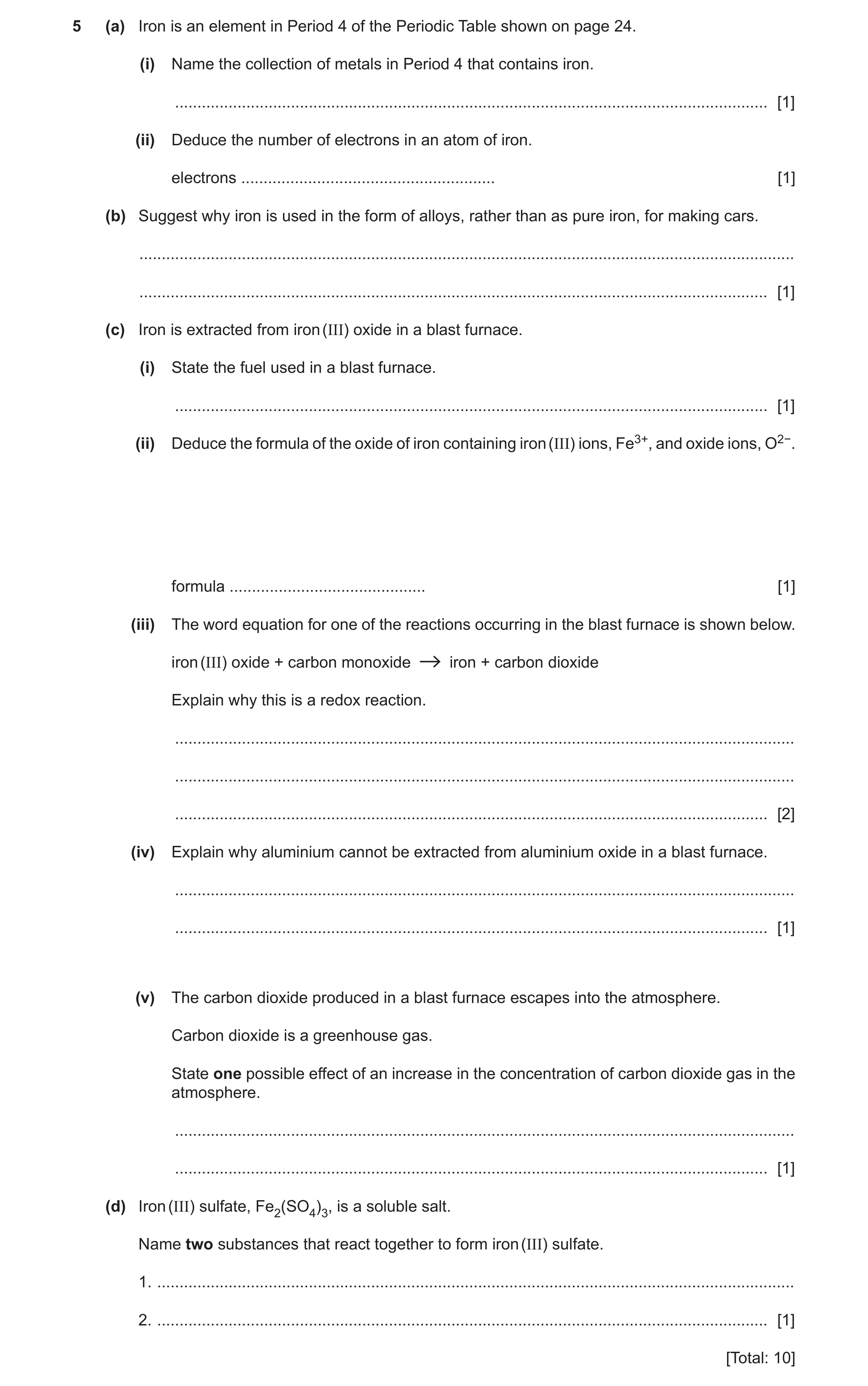 Question 2: (a) Iron is an element in Period 4 of the Periodic Table shown on page 24. (i) Name the collection of metals in Period 4 that contains iron…
