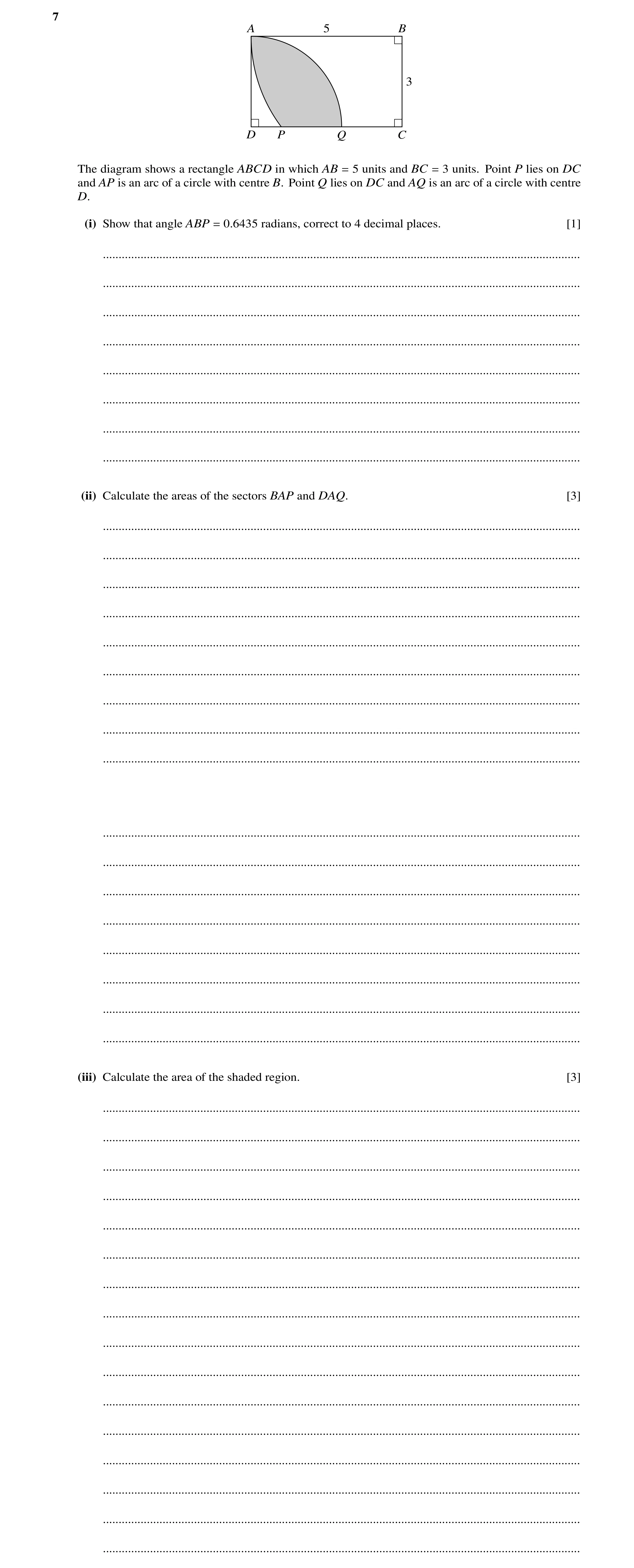 Question 29: A 5 B 3 D P Q C The diagram shows a rectangle ABCD in which AB = 5 units and BC = 3 units. Point P lies on DC and AP is an arc of a circle …