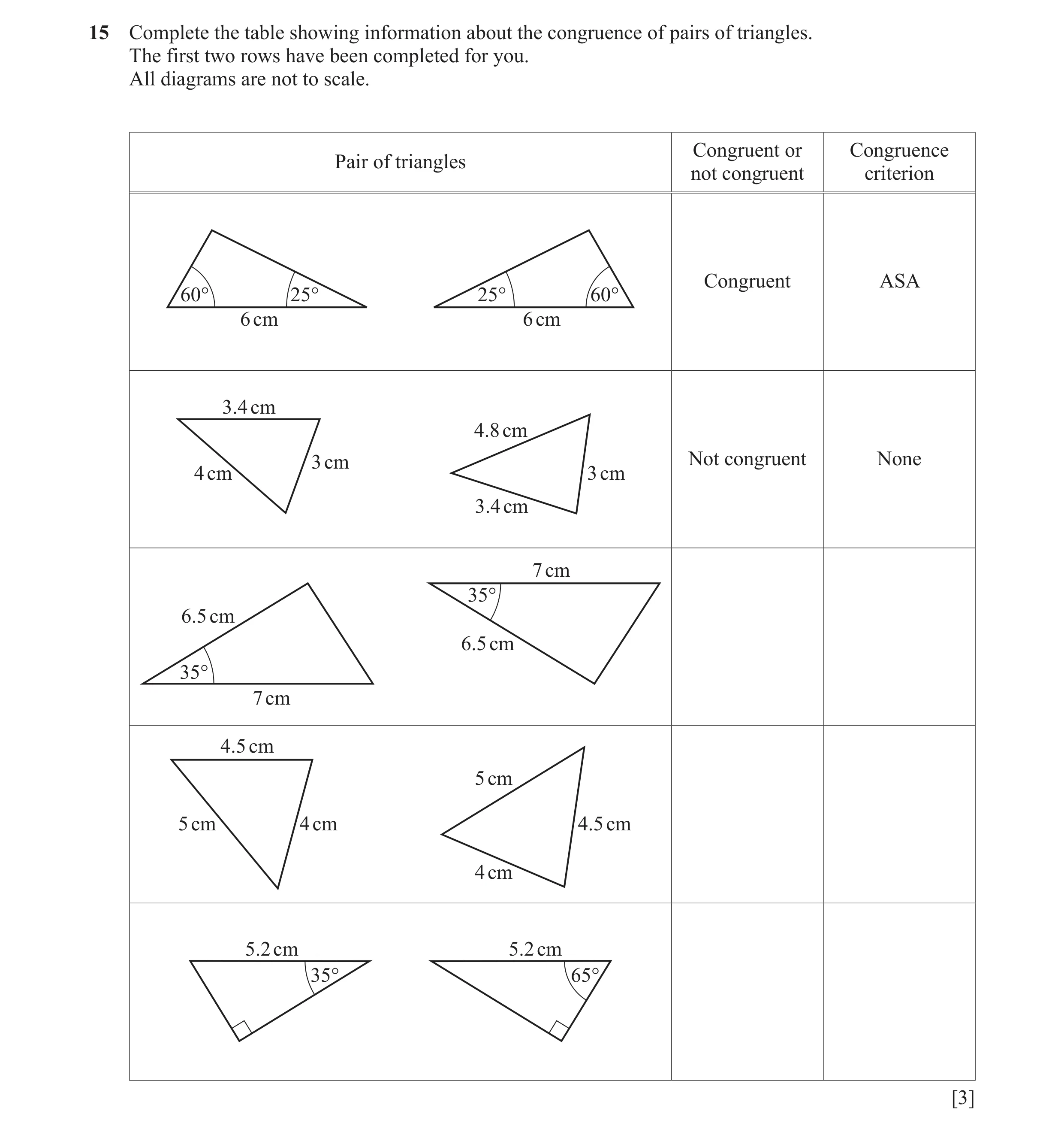 Question 35: Complete the table showing information about the congruence of pairs of triangles. The first two rows have been completed for you. All diag…