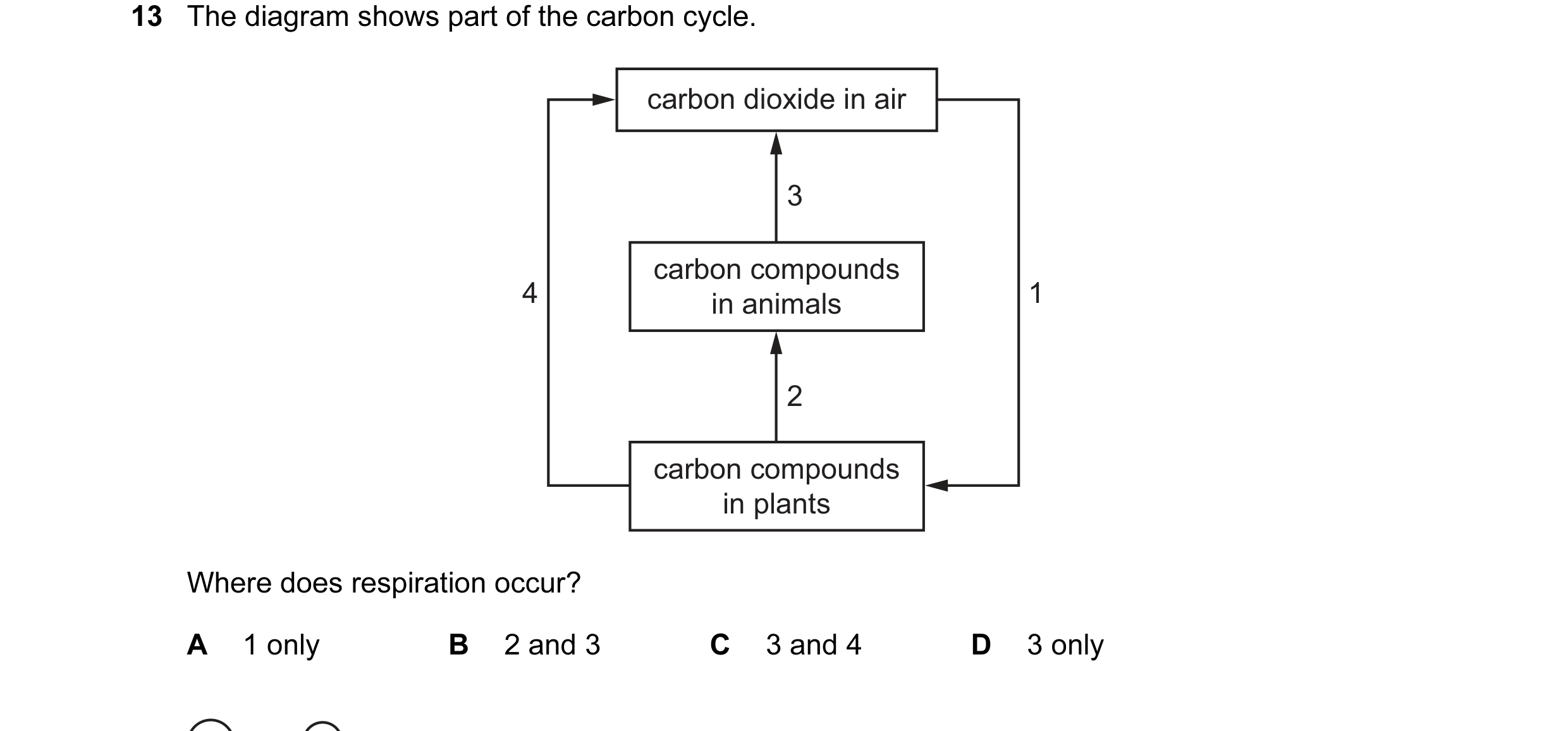 Question 15: The diagram shows part of the carbon cycle. carbon dioxide in air 3 carbon compounds 4 in animals 1 2 carbon compounds in plants Where does…