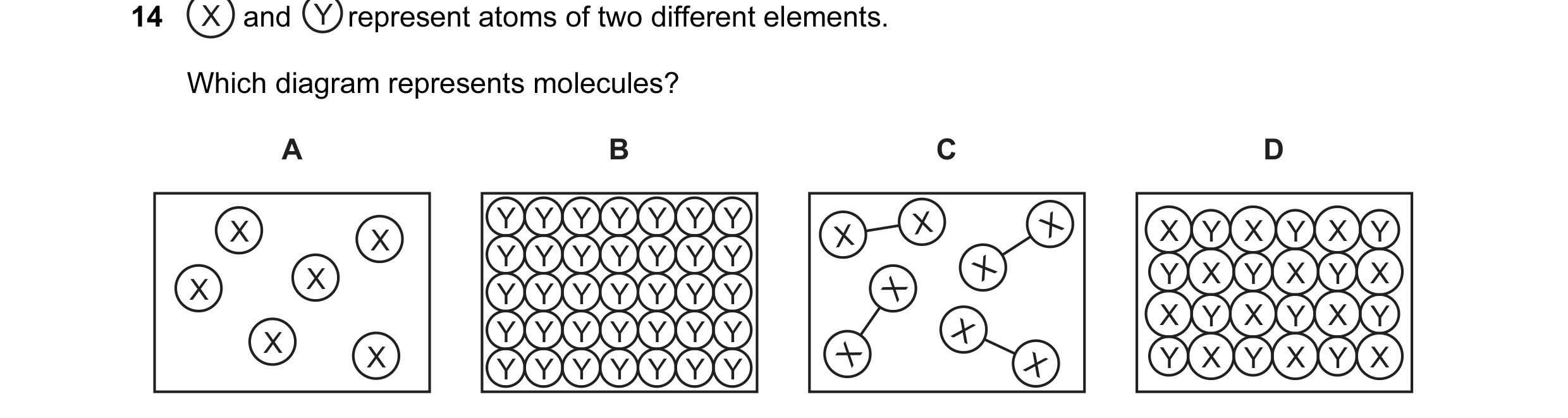 Question 32: and represent atoms of two different elements. X Y Which diagram represents molecules? A B C D Y Y Y Y Y Y Y X X X Y X Y X X X X Y Y …
