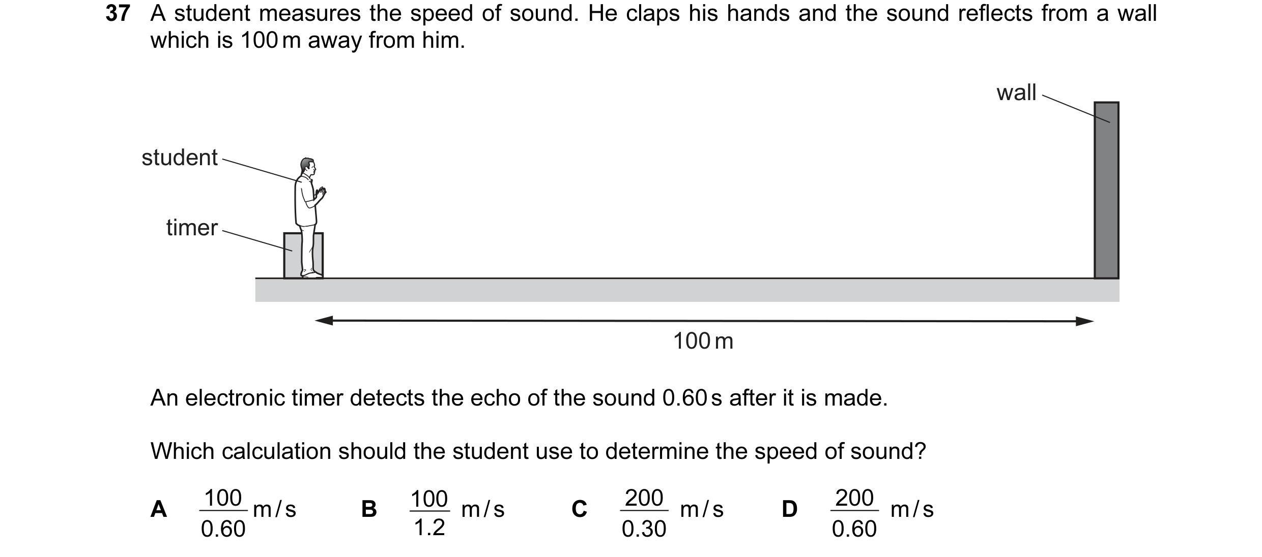Question 33: A student measures the speed of sound. He claps his hands and the sound reflects from a wall which is 100 m away from him. wall student tim…