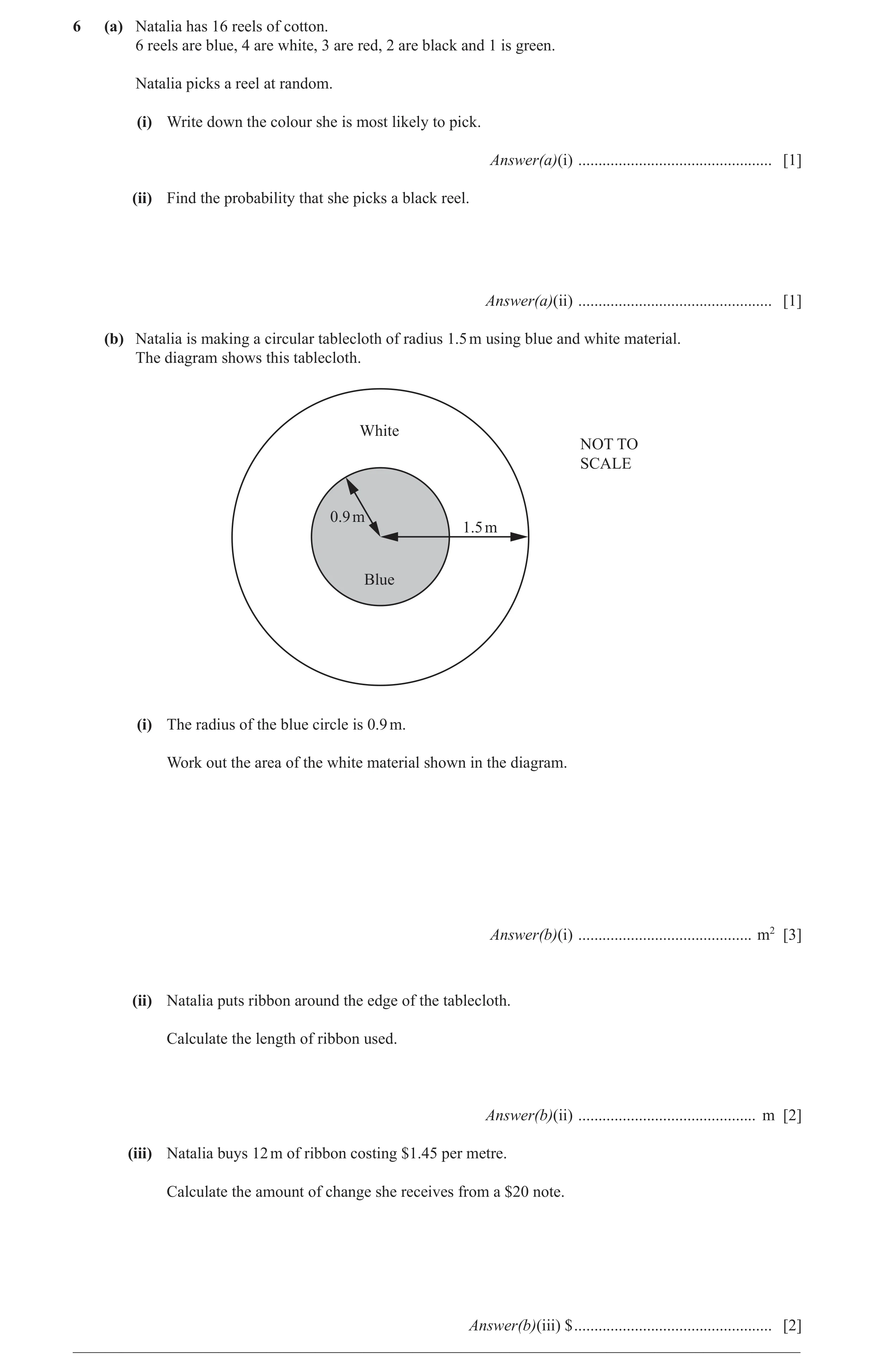 Question 11: (a) Natalia has 16 reels of cotton. 6 reels are blue, 4 are white, 3 are red, 2 are black and 1 is green. Natalia picks a reel at random. (…