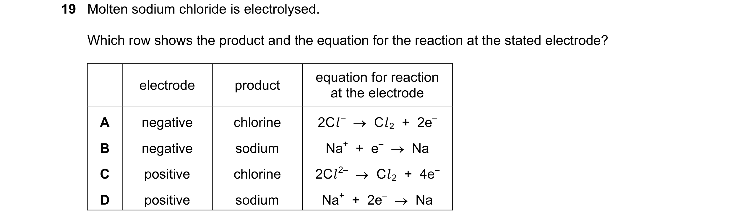 Question 9: Molten sodium chloride is electrolysed. Which row shows the product and the equation for the reaction at the stated electrode? equation for…