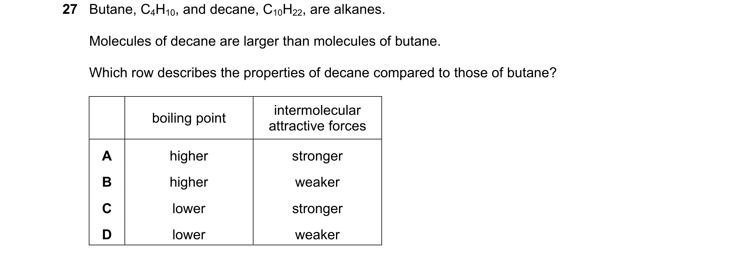 Question 1: Butane, C4H10, and decane, C10H22, are alkanes. Molecules of decane are larger than molecules of butane. Which row describes the properties…
