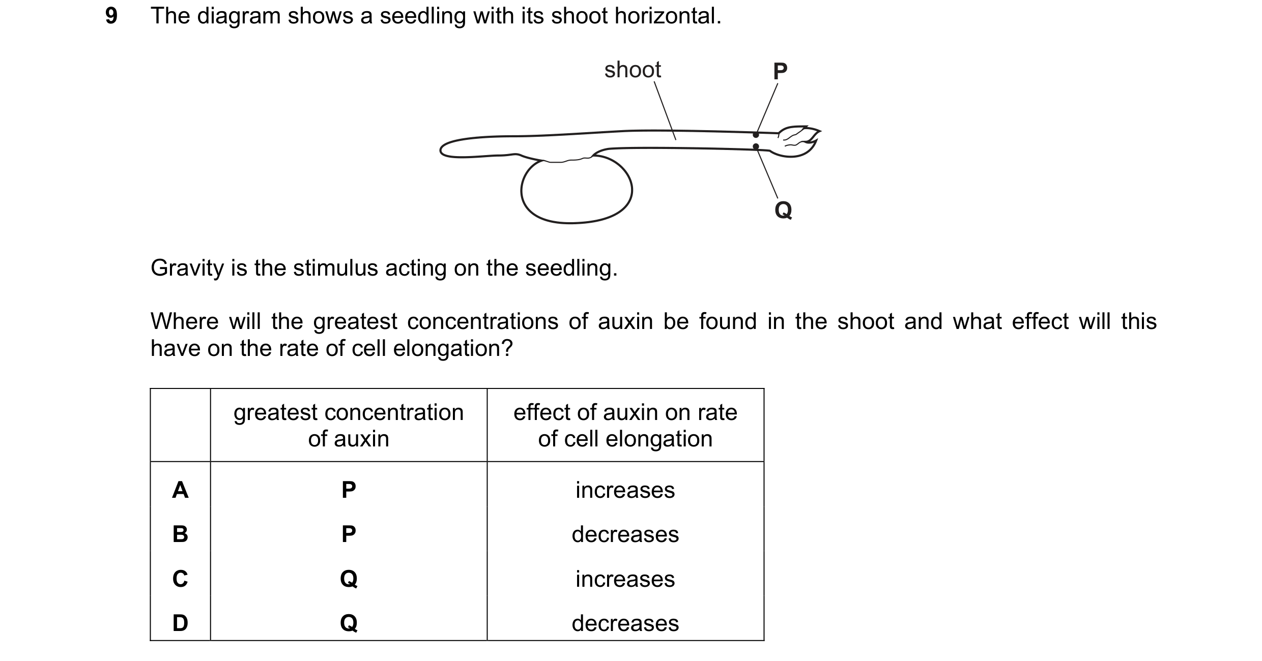 Question 7: The diagram shows a seedling with its shoot horizontal. shoot P Q Gravity is the stimulus acting on the seedling. Where will the greatest c…