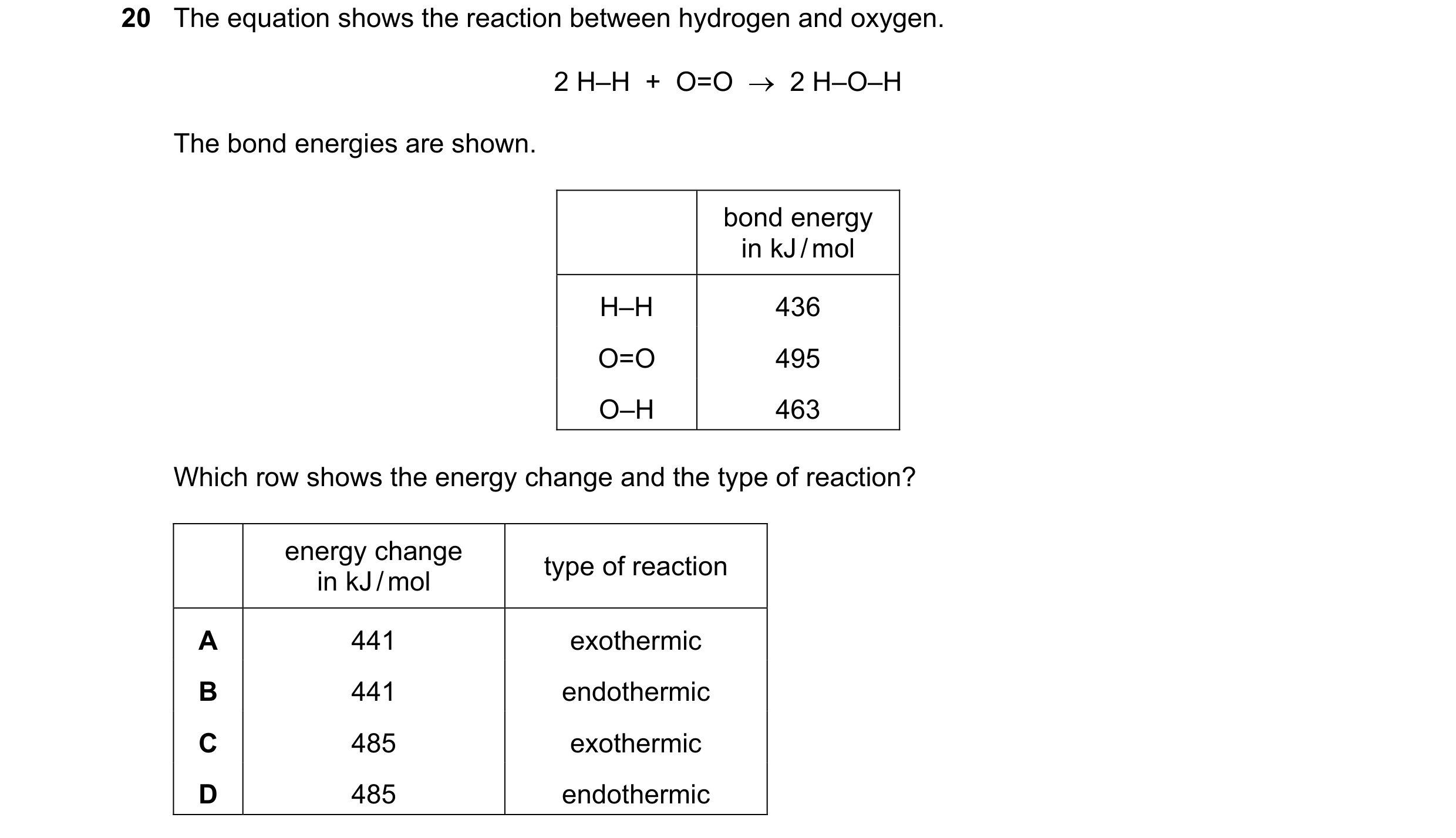 Question 17: The equation shows the reaction between hydrogen and oxygen. 2 H–H  +  O=O    2 H–O–H The bond energies are shown. bond energy in kJ / mol…