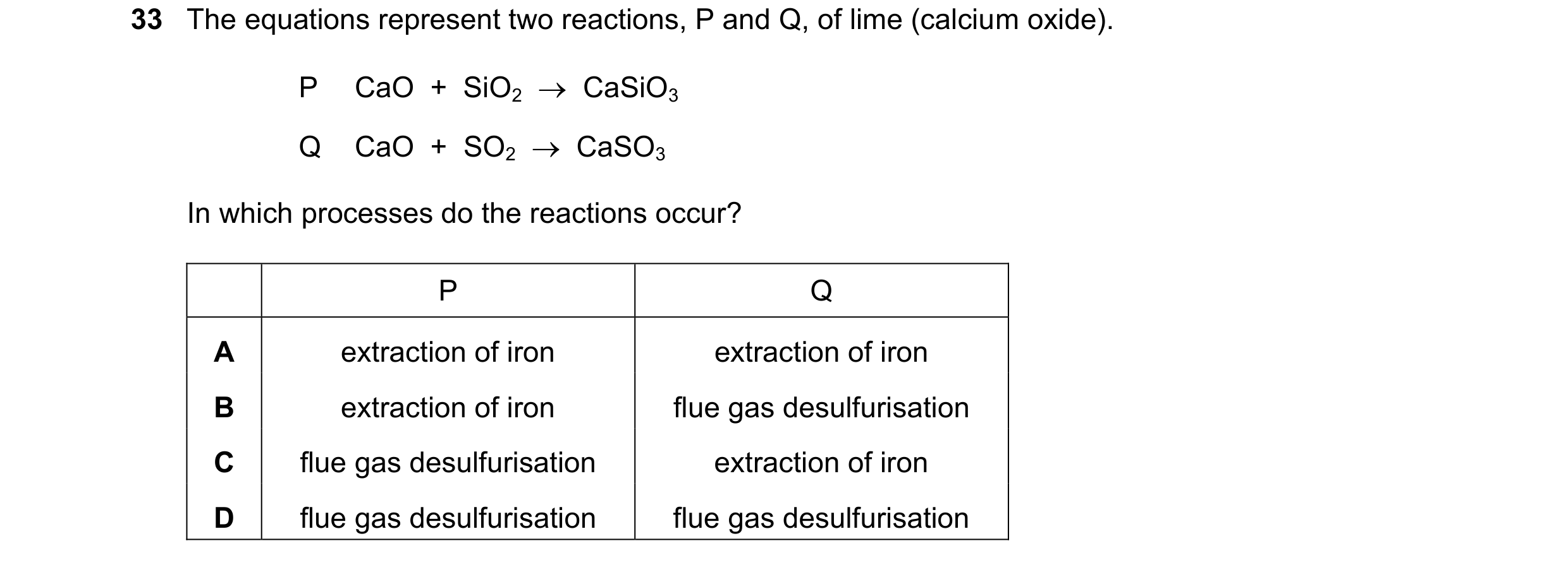 Question 17: The equations represent two reactions, P and Q, of lime (calcium oxide). P CaO  +  SiO2    CaSiO3 Q CaO  +  SO2    CaSO3 In which process…