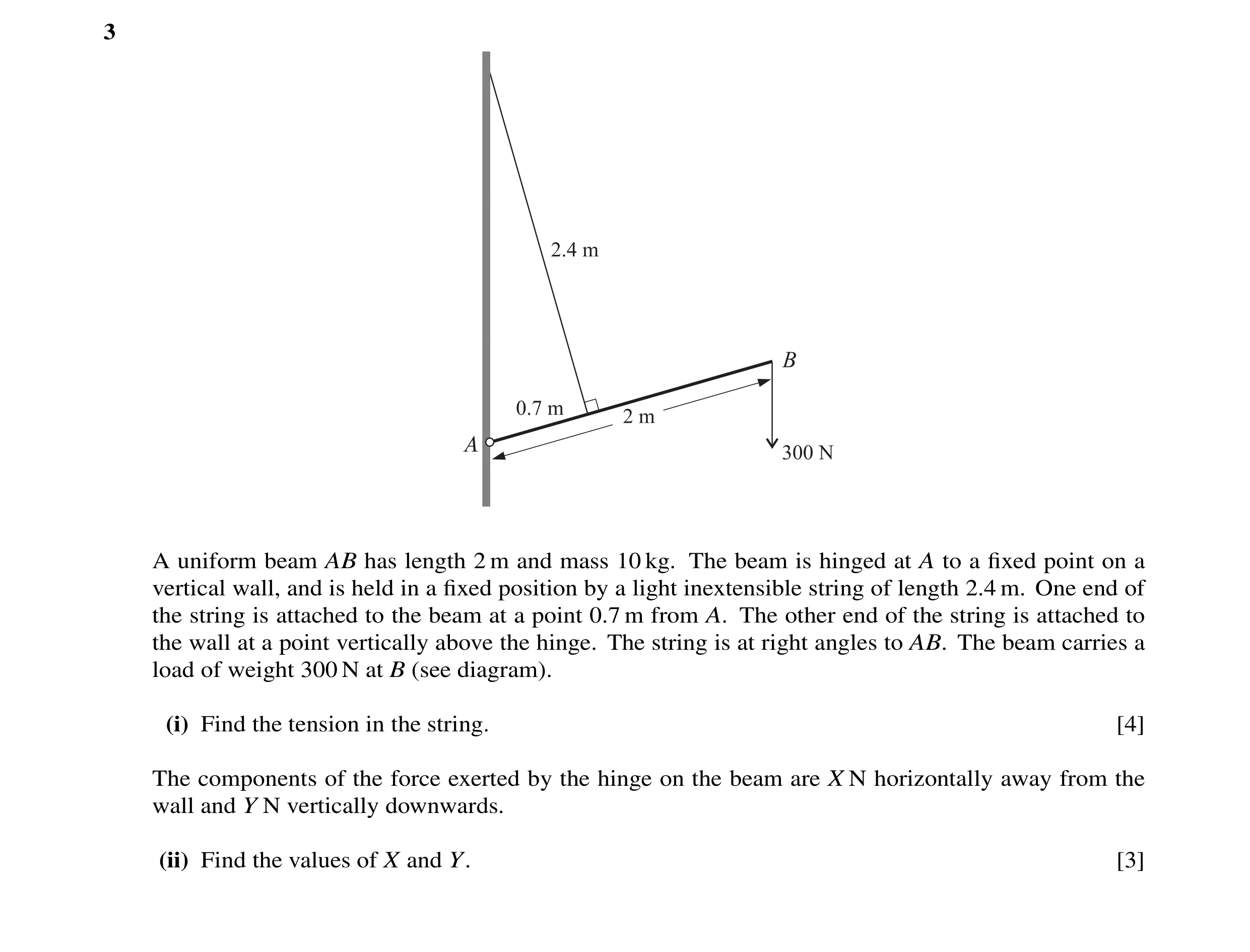 Question 14: A uniform beam AB has length 2 m and mass 10 kg. The beam is hinged at A to a ﬁxed point on a vertical wall, and is held in a ﬁxed position…