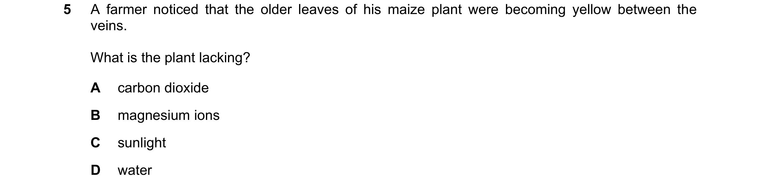 Question 1: A farmer noticed that the older leaves of his maize plant were becoming yellow between the veins. What is the plant lacking? A carbon dioxi…