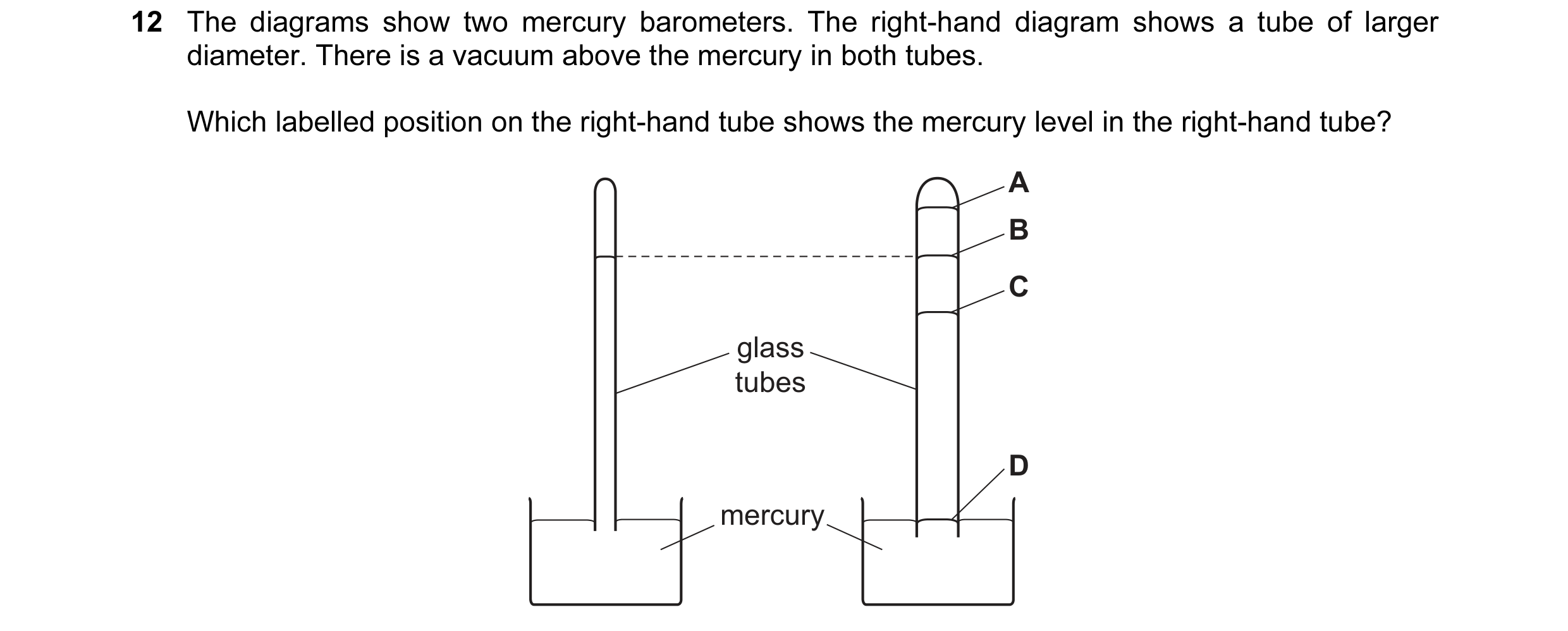 Question 14: The diagrams show two mercury barometers. The right-hand diagram shows a tube of larger diameter. There is a vacuum above the mercury in bo…