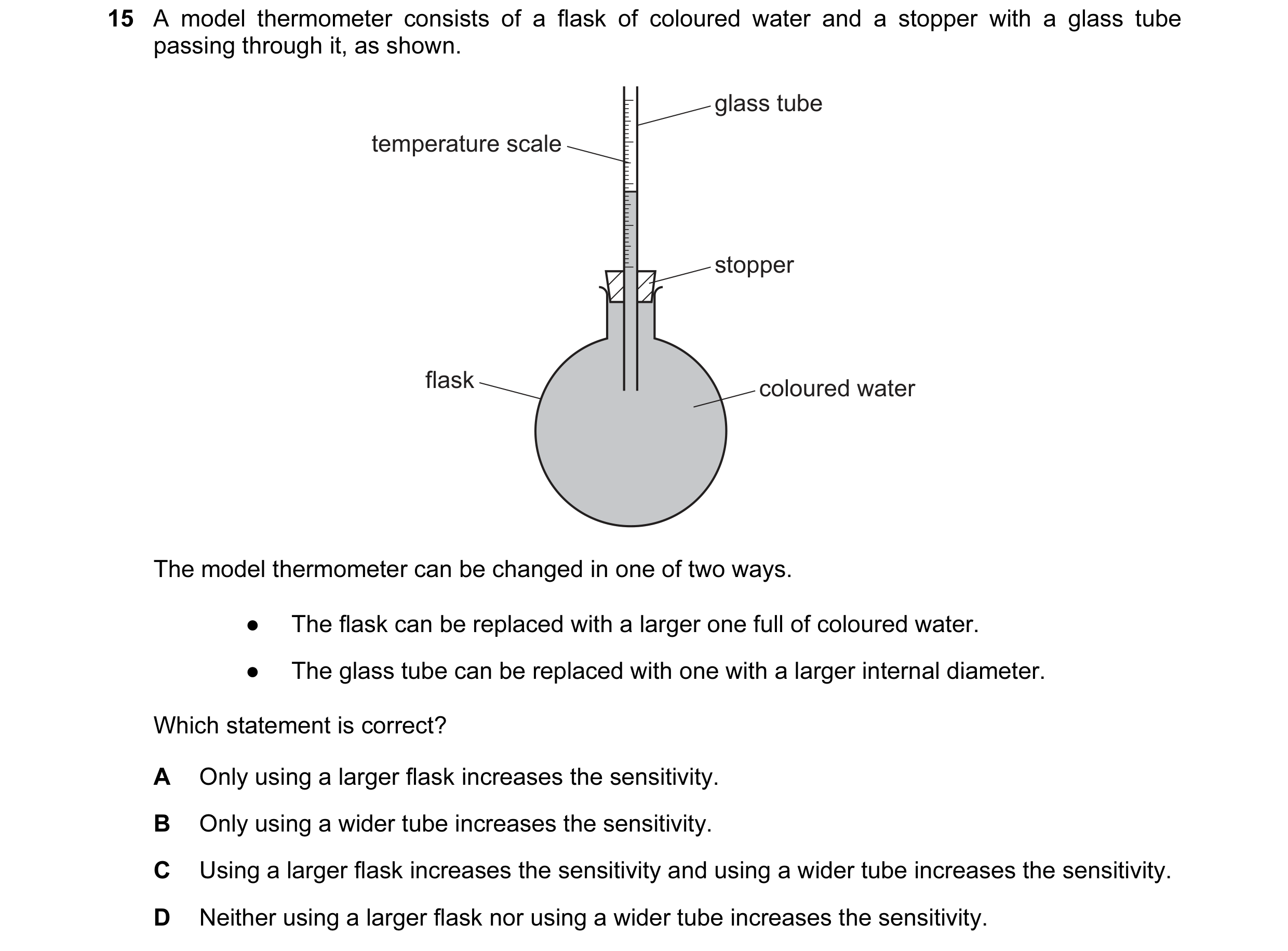 Question 21: A model thermometer consists of a flask of coloured water and a stopper with a glass tube passing through it, as shown. glass tube temperat…