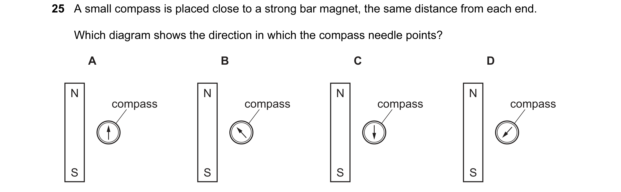 Question 12: A small compass is placed close to a strong bar magnet, the same distance from each end. Which diagram shows the direction in which the com…